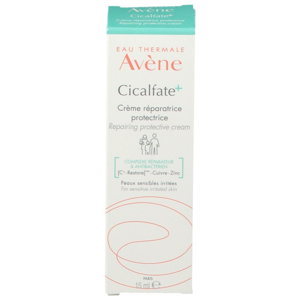 Boîte "Avène Cicalfate+". Crème pour peaux sensibles. Accents verts. 15 ml.