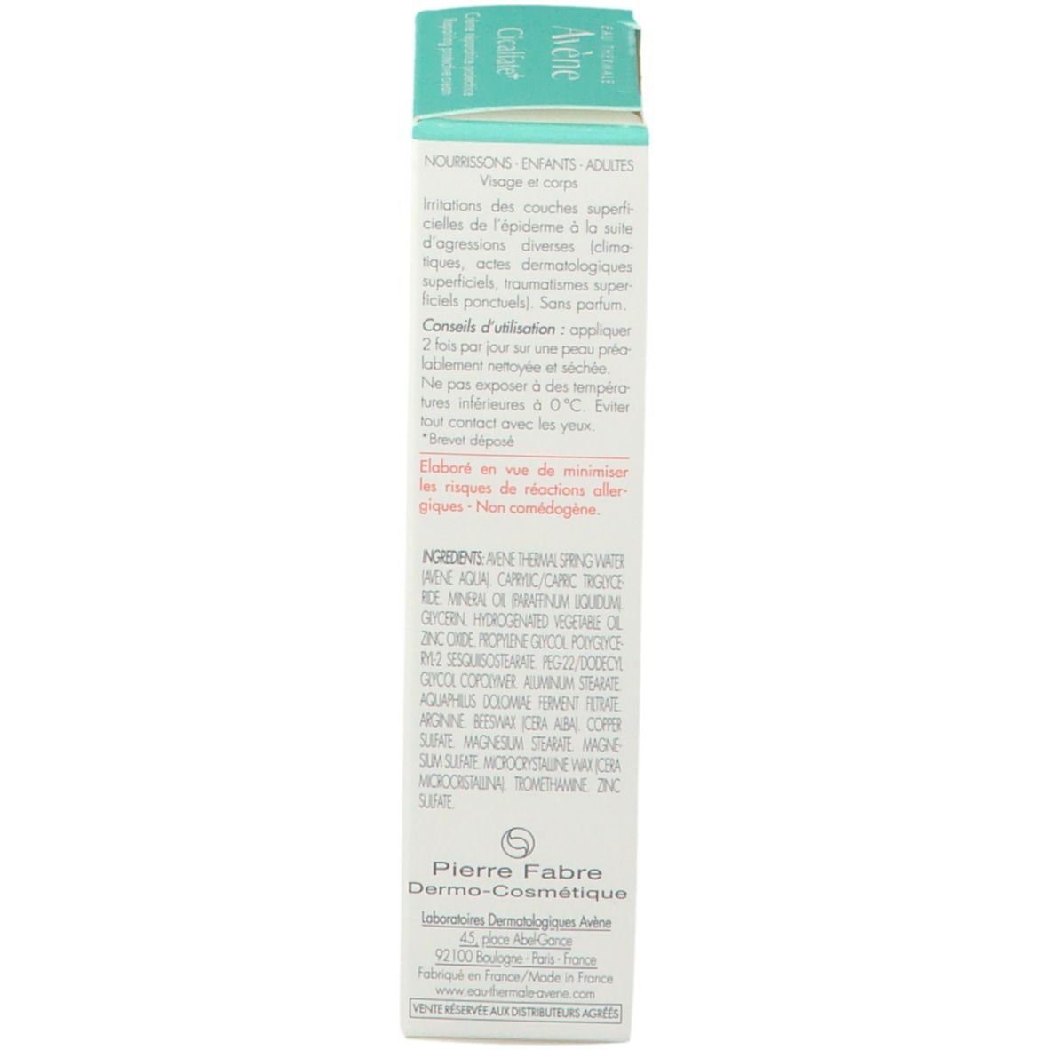 Dos de la boîte "Avène Cicalfate+". Ingrédients, instructions, fabricant.