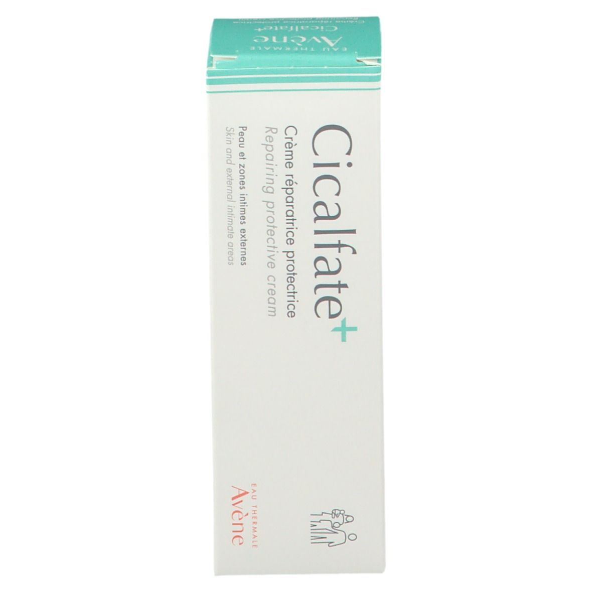 Boîte "Avène Cicalfate+". Crème pour peaux sensibles. Accents verts. Texte en français.