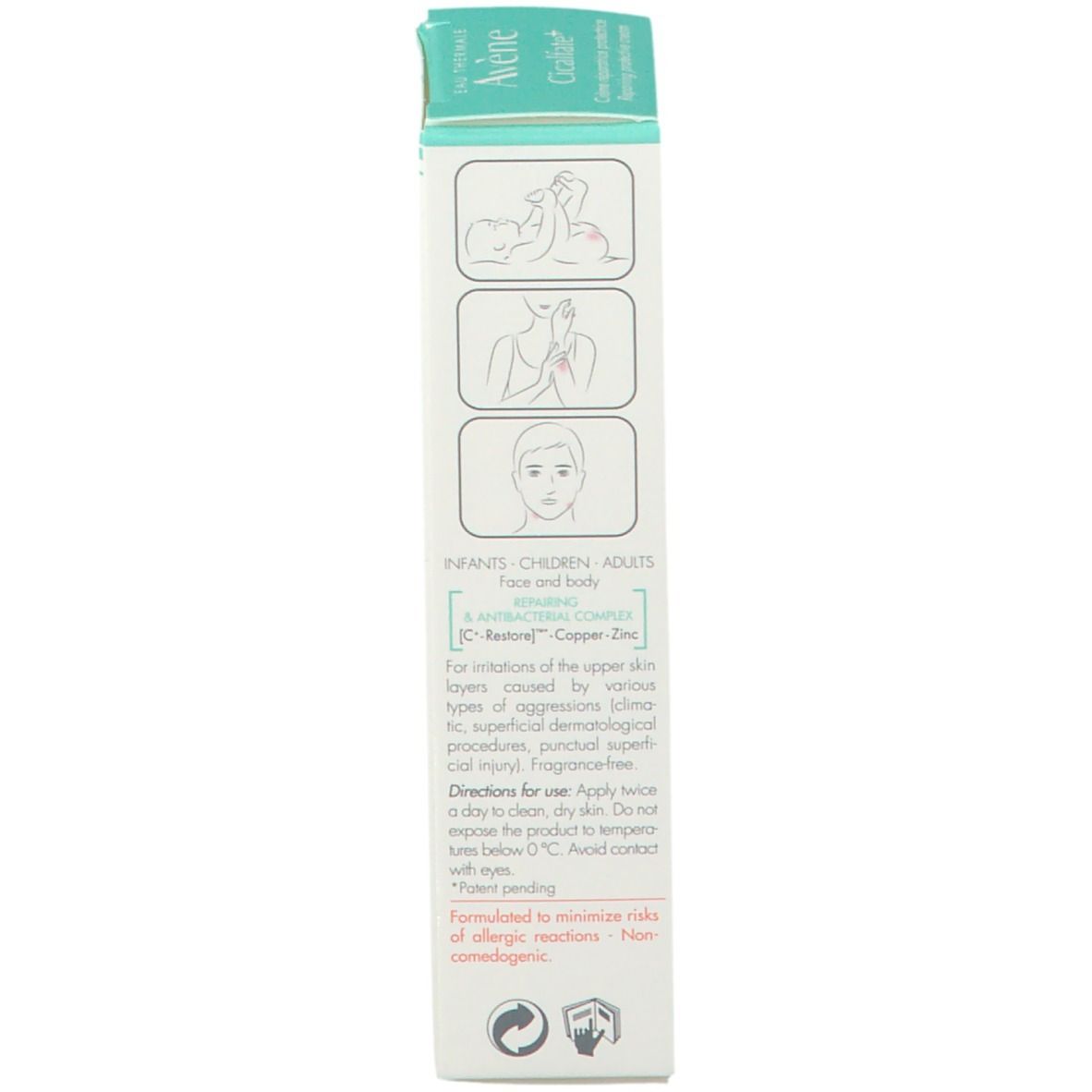 Dos de la boîte "Avène Cicalfate+". Instructions, illustrations, fabricant.