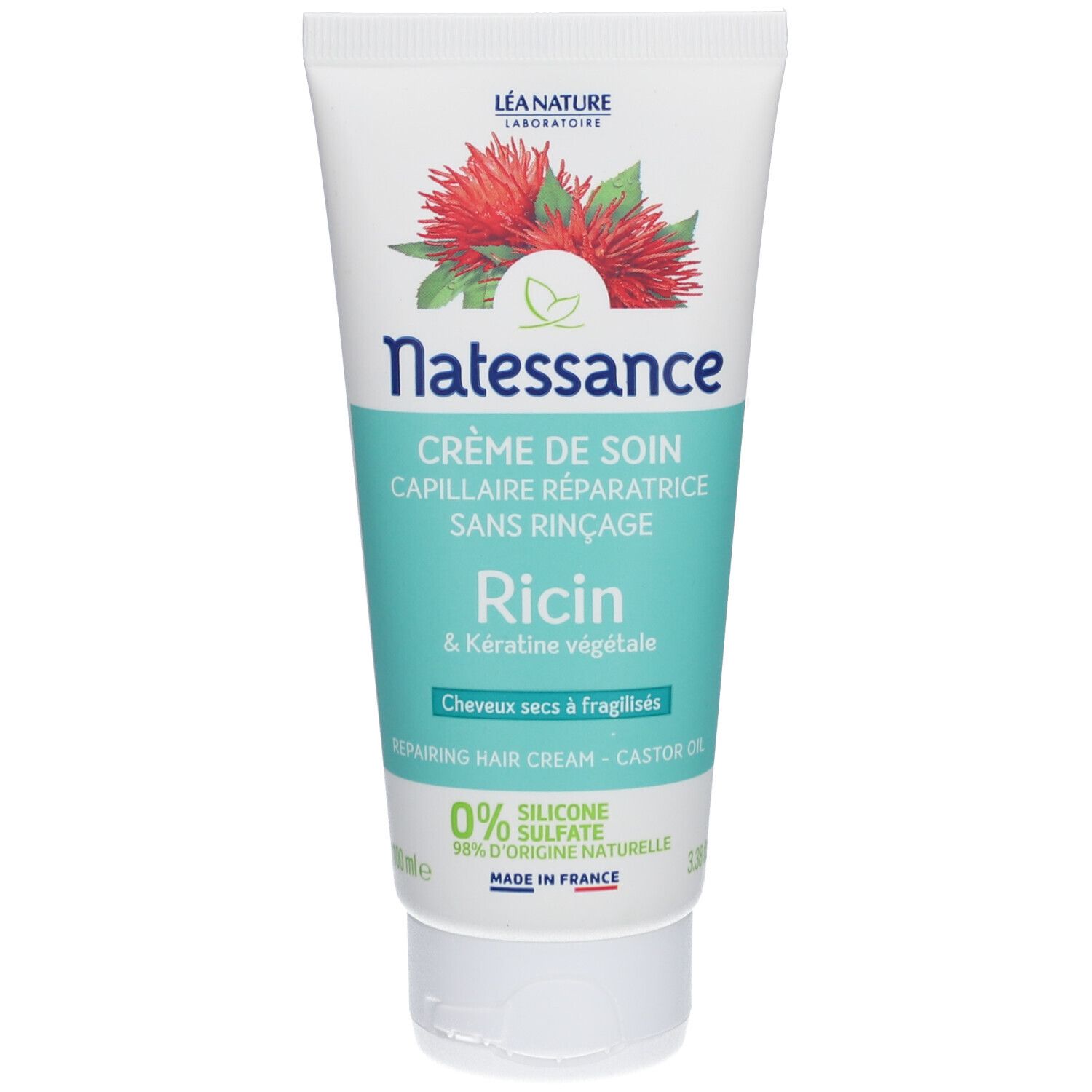 Tube de crème avec motif floral. Texte: Natessance, Crème de soin, Ricin & Kératine végétale. 0% silicone, sulfate.