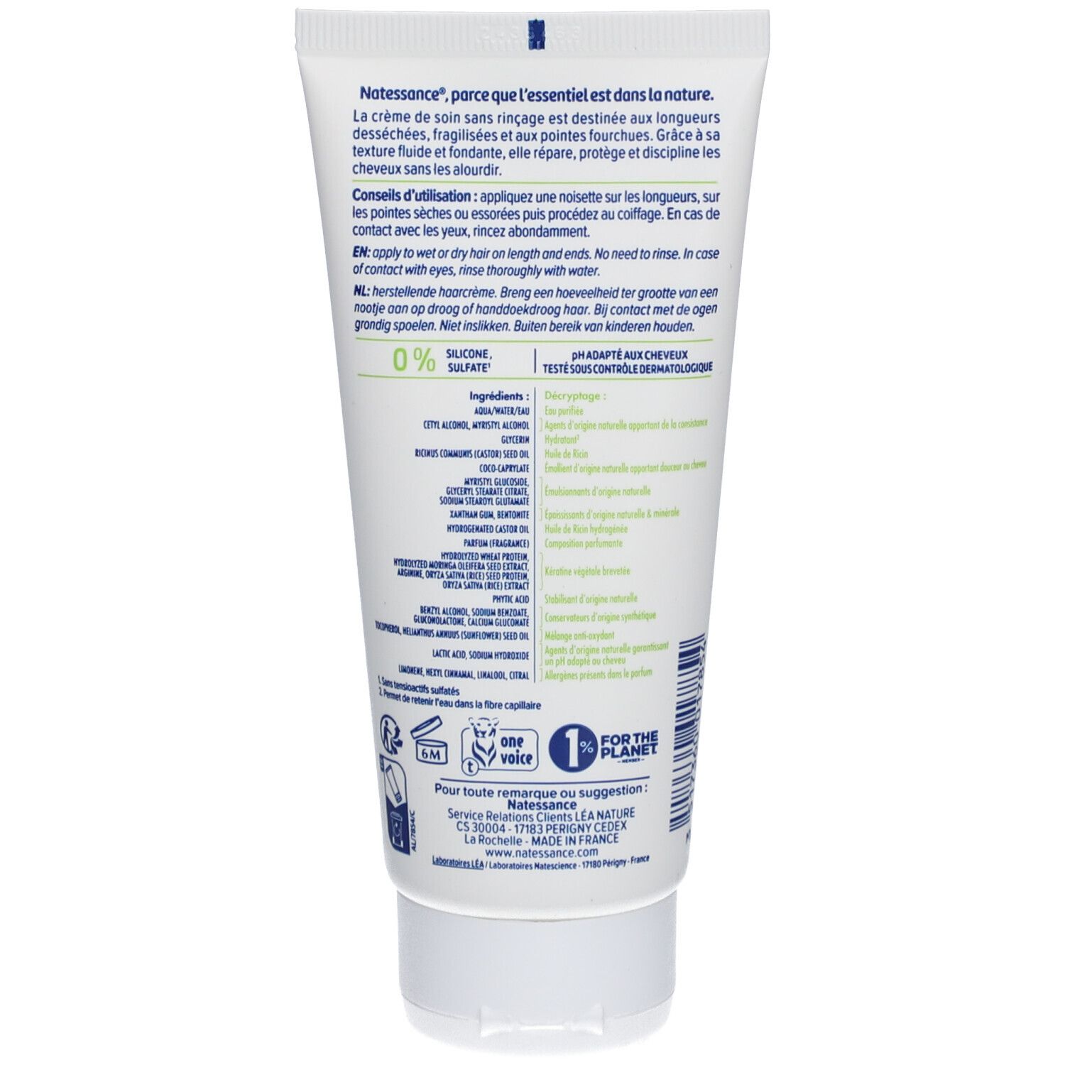 Dos du tube de crème. Texte: Natessance, ingrédients, conseils d'utilisation. 0% et logo "1 for the planet".