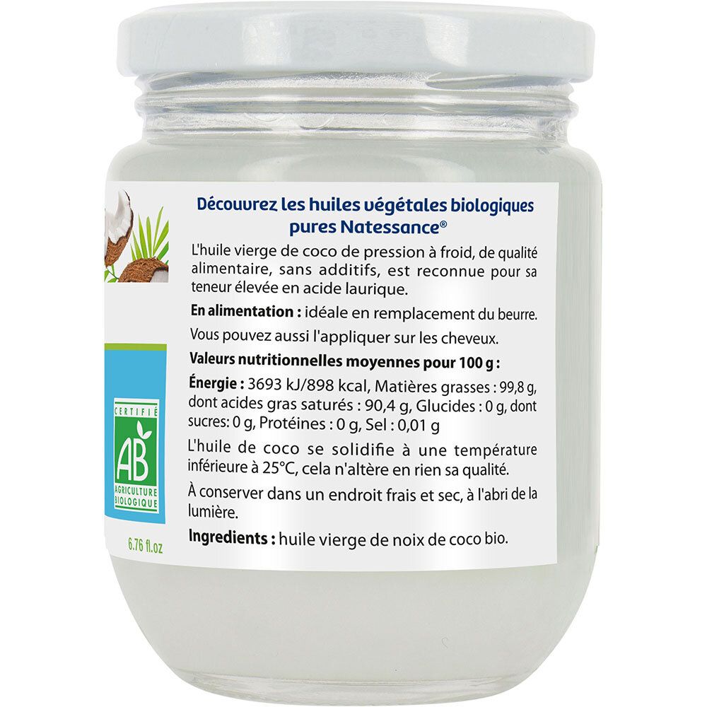 Natessance Huile de Coco Bio 100 % Pure Pressée à Froid