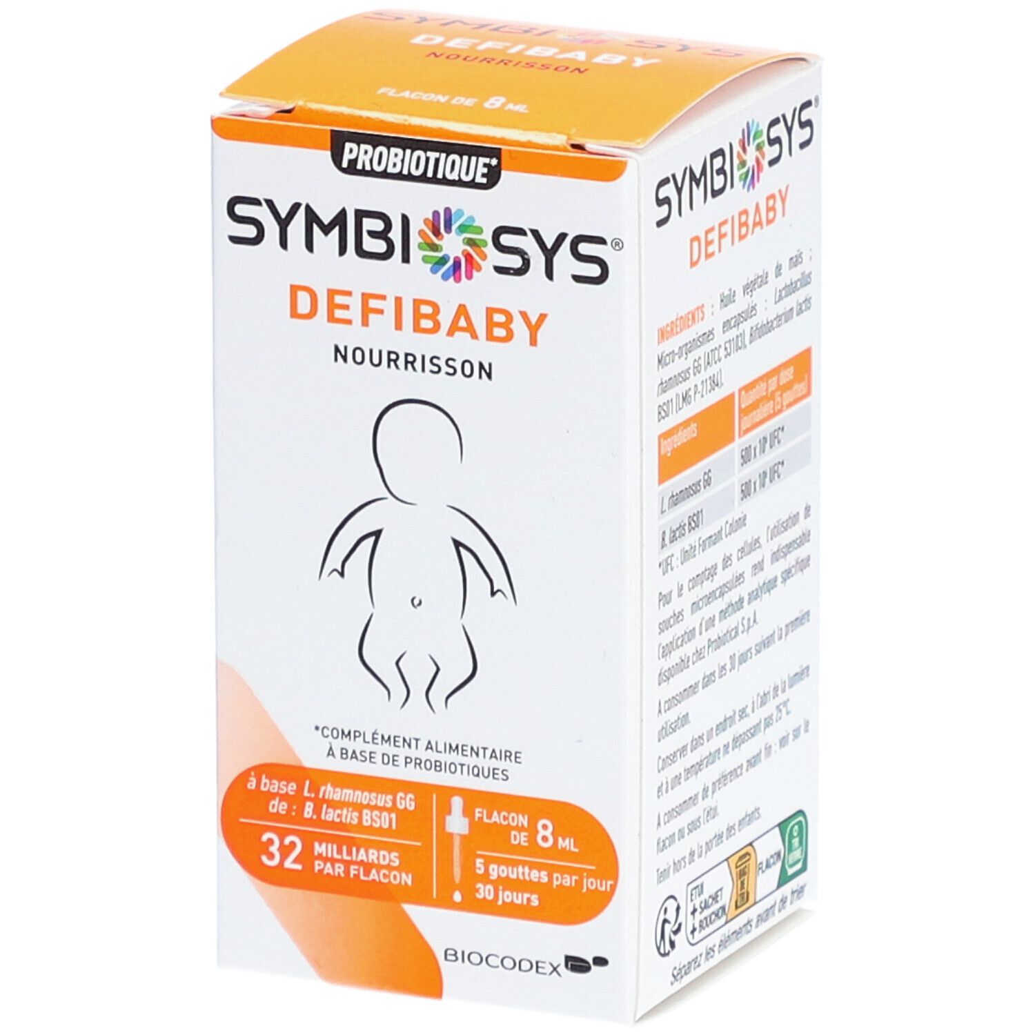 Boîte Symbiosys Defibaby. Inscription : Flacon 8 ml, 32 milliards par flacon, 5 gouttes par jour, pour nourrissons.