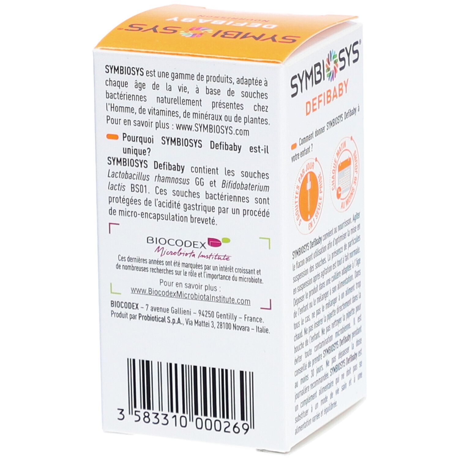 Boîte Symbiosys Defibaby. Texte : Pourquoi Symbiosys Defibaby est unique, informations sur les ingrédients.