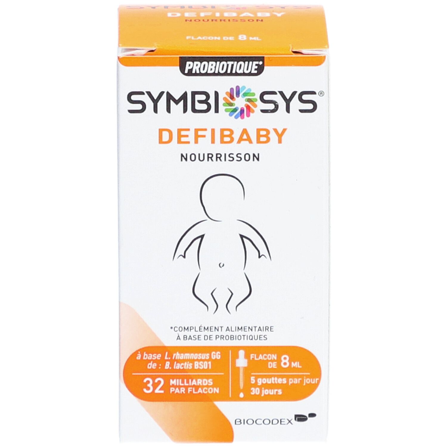 Boîte Symbiosys Defibaby. Inscription : Flacon 8 ml, 32 milliards par flacon, 5 gouttes par jour, pour nourrissons.