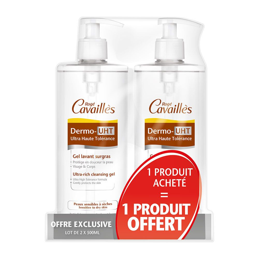 Deux flacons de gel lavant Rogé Cavaillès Dermo-UHT. Emballage avec autocollant rouge : 1 produit acheté = 1 produit offert.