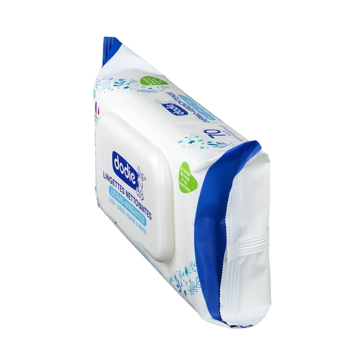 Paquet de lingettes nettoyantes blanches et bleues. Marque Dodie. 70 lingettes. Drapeau français.
