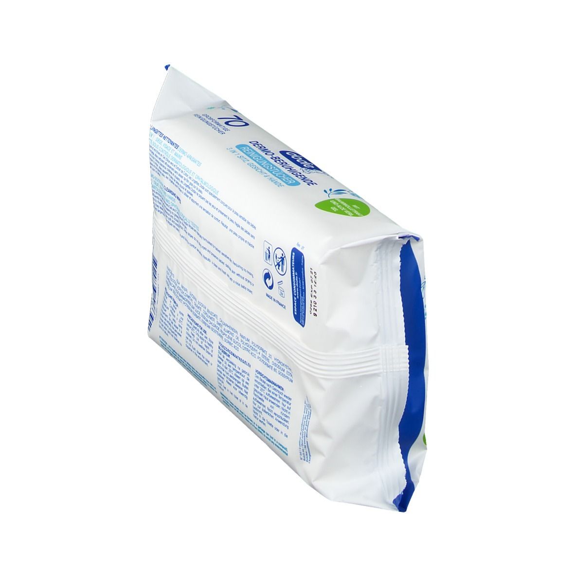 Paquet de lingettes nettoyantes blanches et bleues. Marque Dodie. 70 lingettes. Drapeau français.