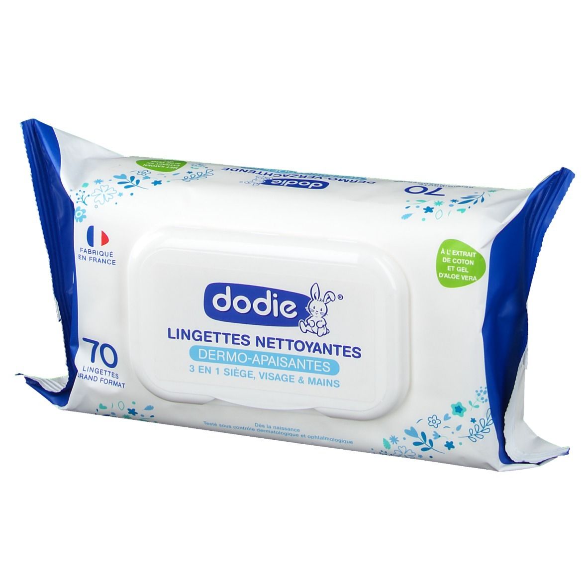 Paquet de lingettes Dodie. Blanc avec bord bleu. 70 lingettes. Drapeau français. Dermo-apaisantes.