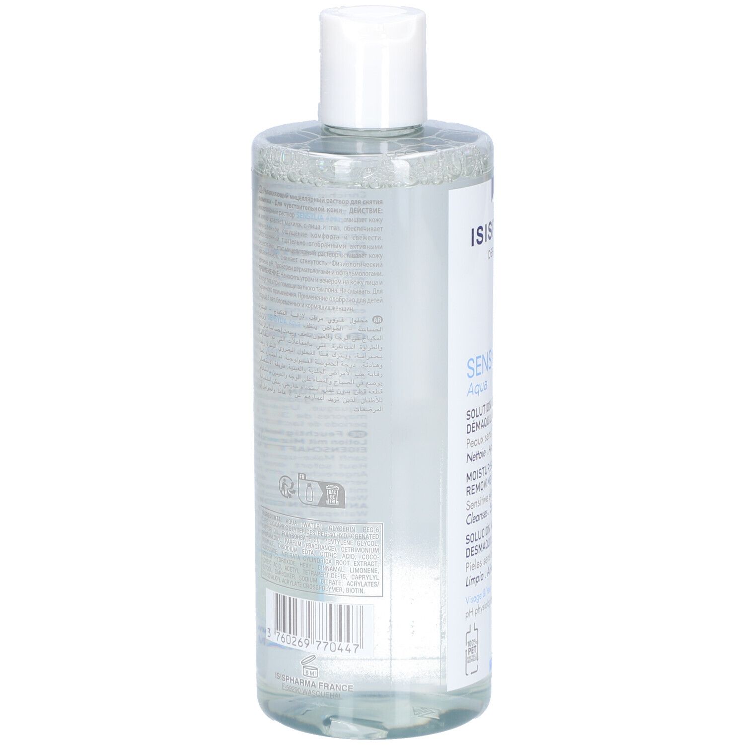 Dos du flacon. Texte multilingue. Code QR et inscription: Made in France.