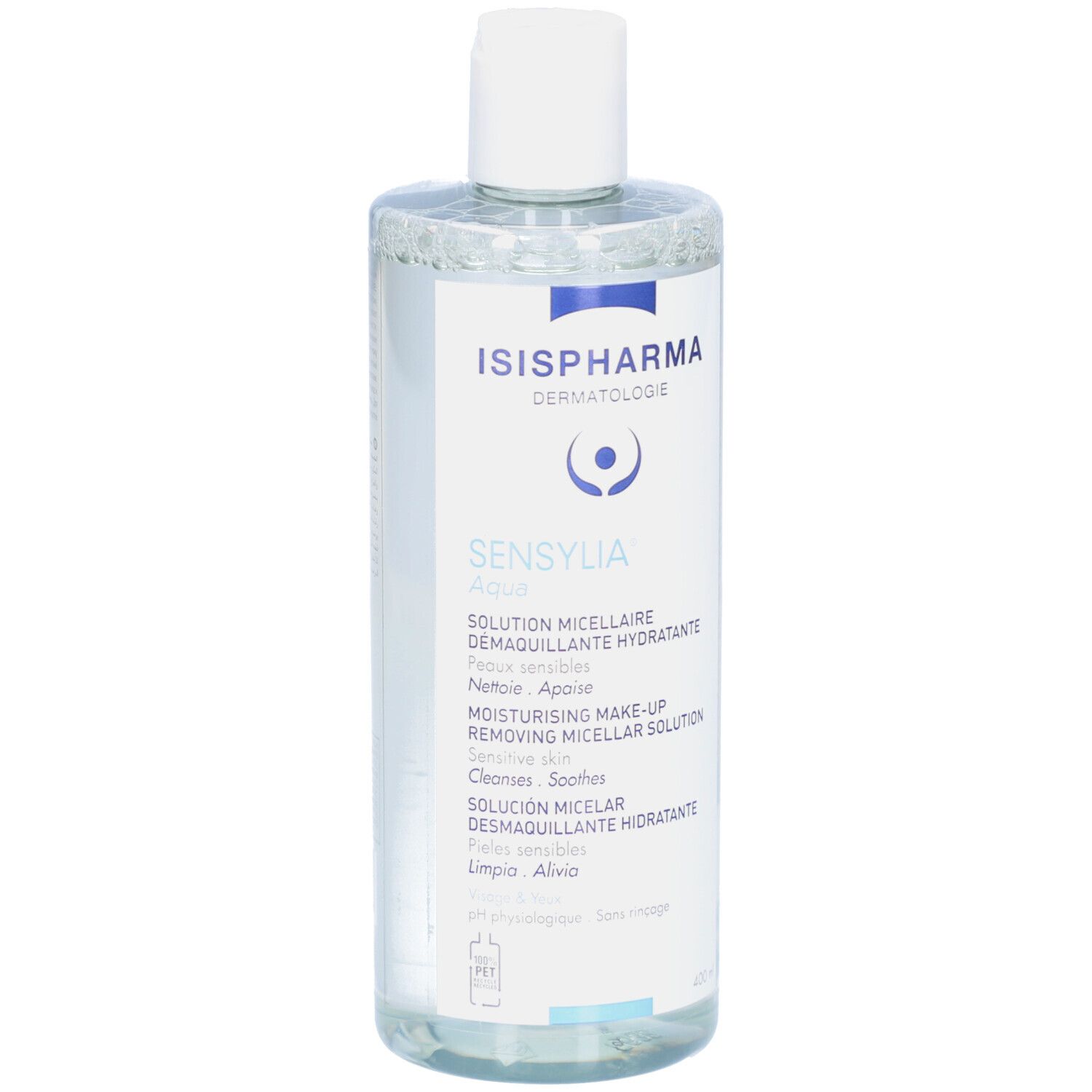 Flacon transparent avec bouchon blanc. Inscription: ISISPHARMA Sensylia Aqua. Nom et description du produit sur le devant.
