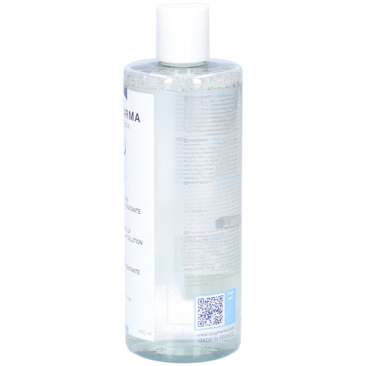 Dos du flacon. Texte multilingue. Code QR et inscription: Made in France.