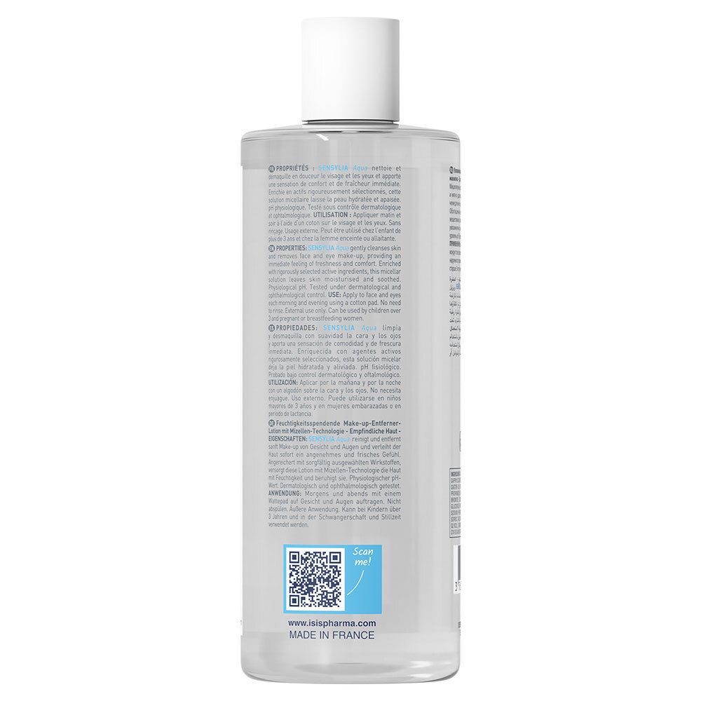 Dos du flacon. Texte multilingue. Code QR et inscription: Made in France.