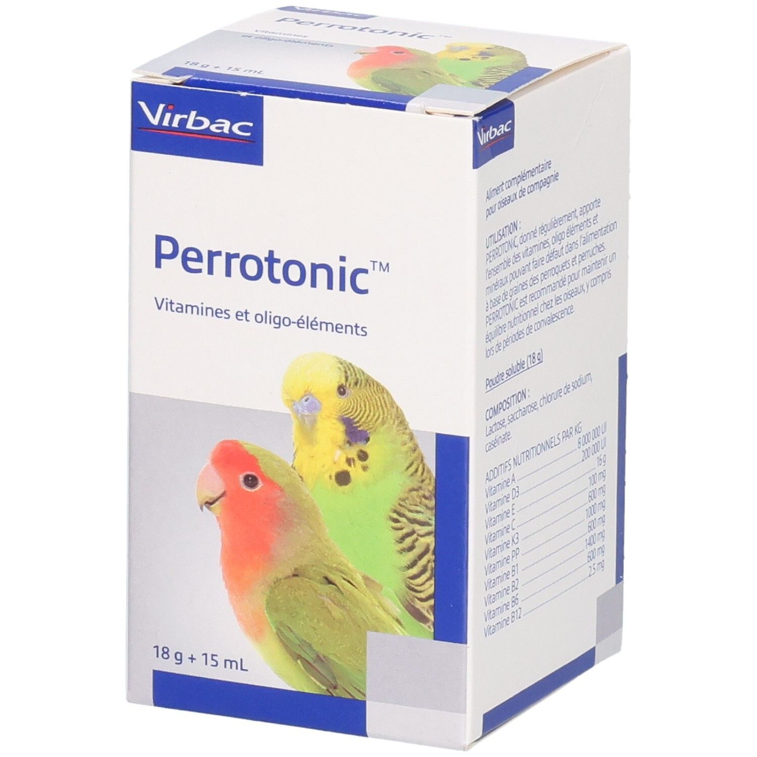 Boîte Perrotonic, vitamines et oligo-éléments. Images de perroquets. Contient 18g + 15 ml.