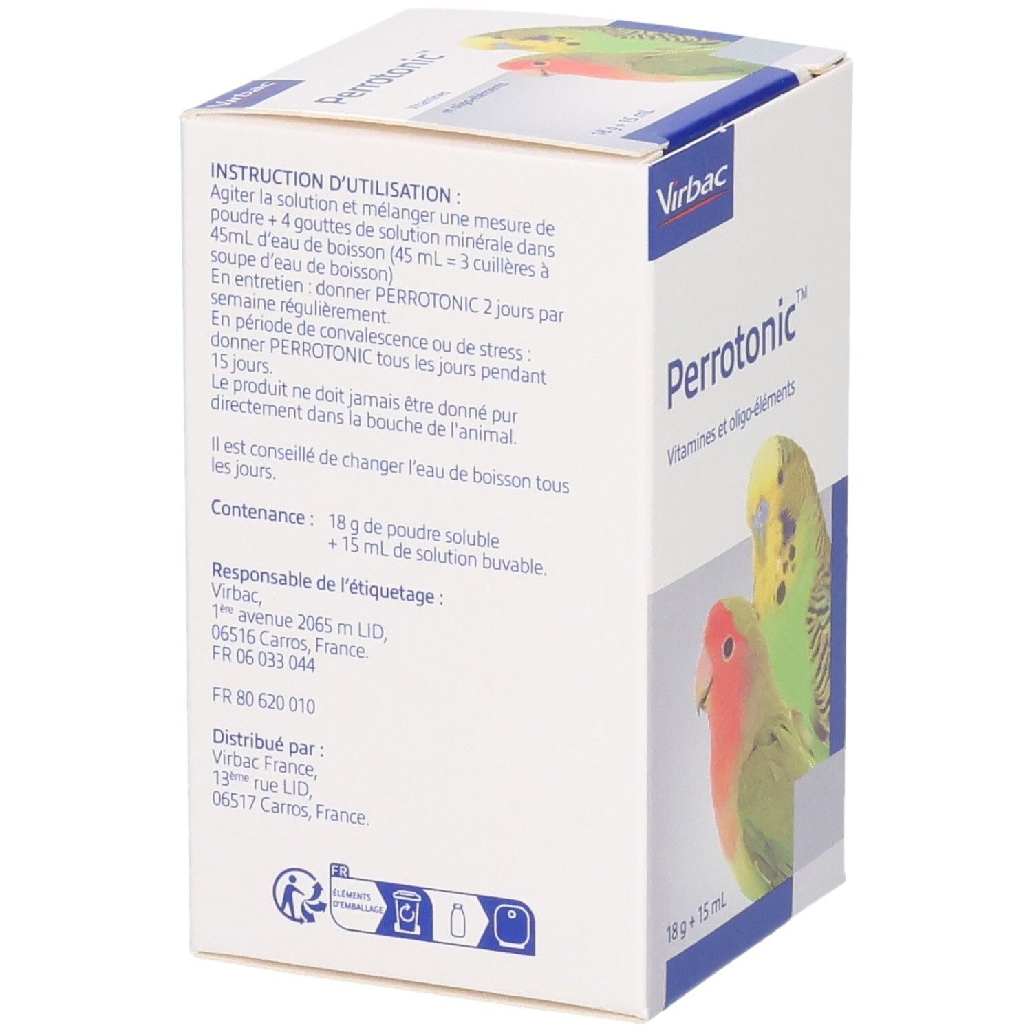 Dos de la boîte Perrotonic. Instructions d'utilisation et coordonnées. Contient 18 g + 15 ml.