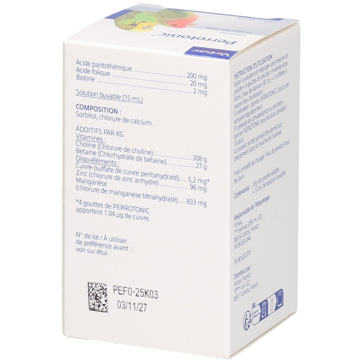 Côté de la boîte Perrotonic. Ingrédients et informations nutritionnelles. Solution buvable 15 ml.