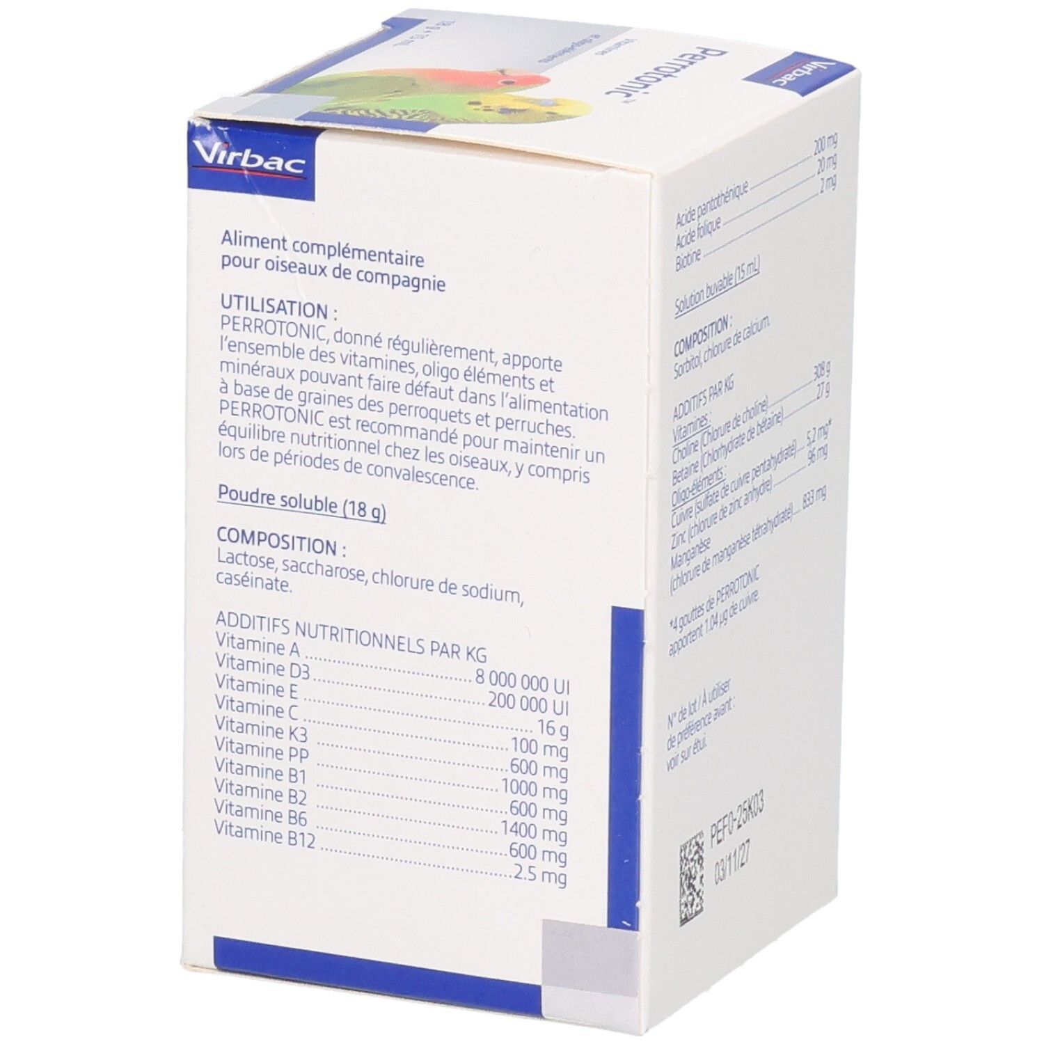 Côté de la boîte Perrotonic. Informations d'utilisation et informations nutritionnelles. Poudre soluble 18 g.