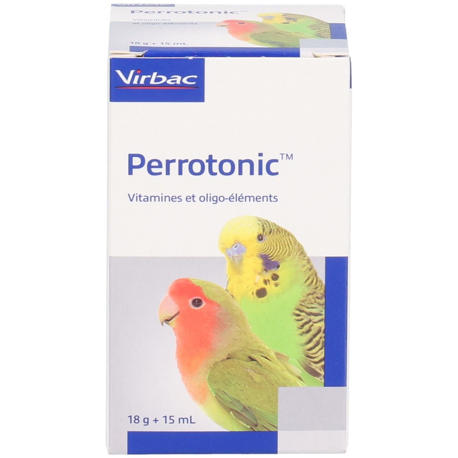 Face avant de la boîte Perrotonic. Vitamines et oligo-éléments. Images de perroquets. 18g + 15 ml.