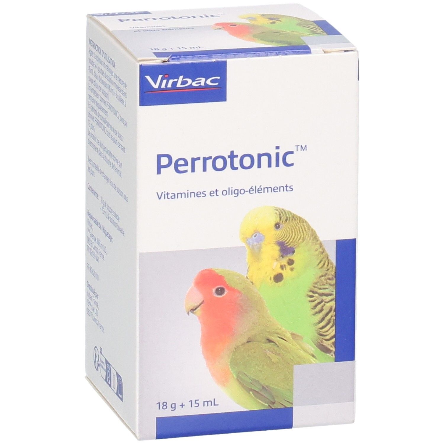 Face avant de la boîte Perrotonic. Vitamines et oligo-éléments. Images de perroquets. 18g + 15 ml.