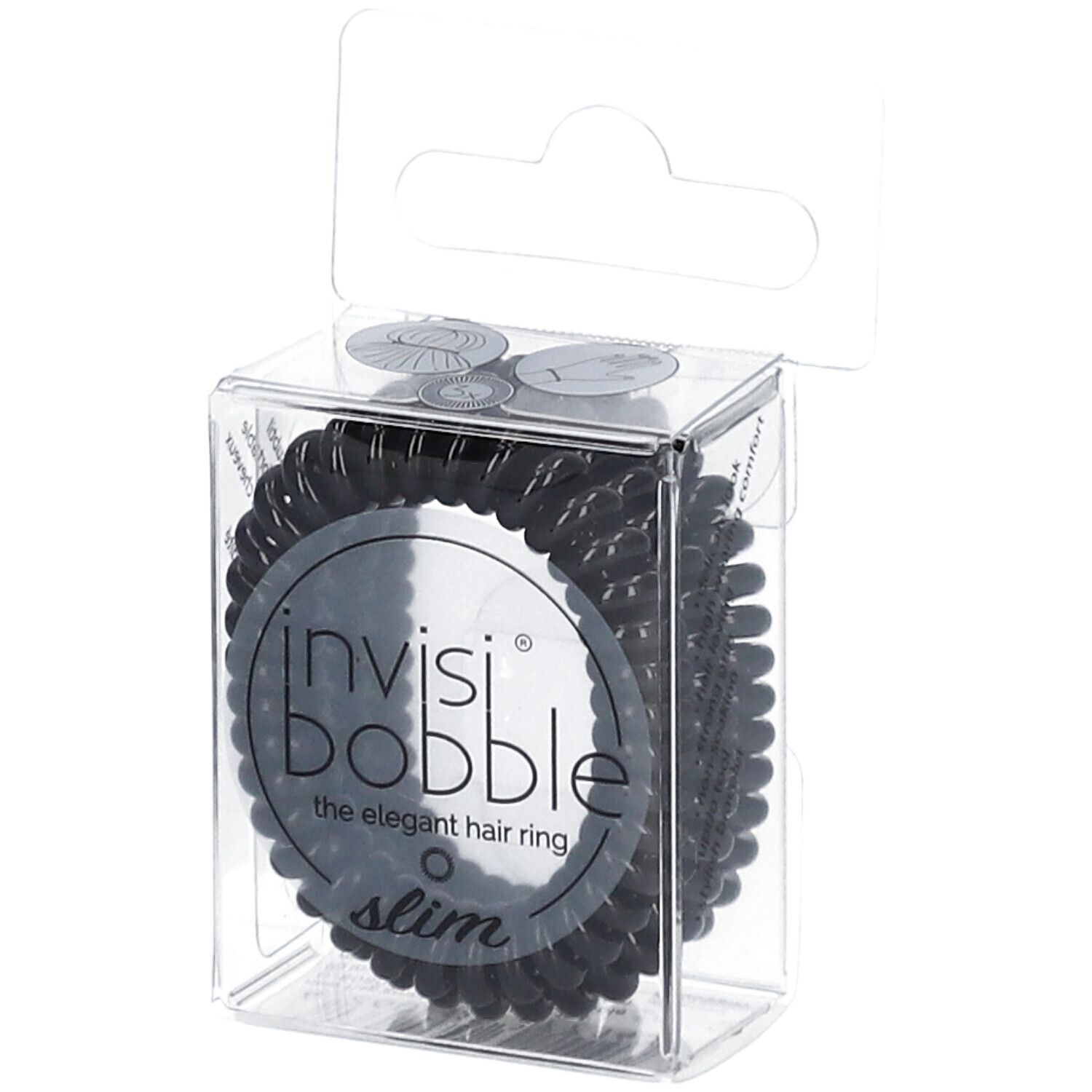Élastiques à cheveux noirs dans un emballage transparent. Inscription : invisibobble, slim.