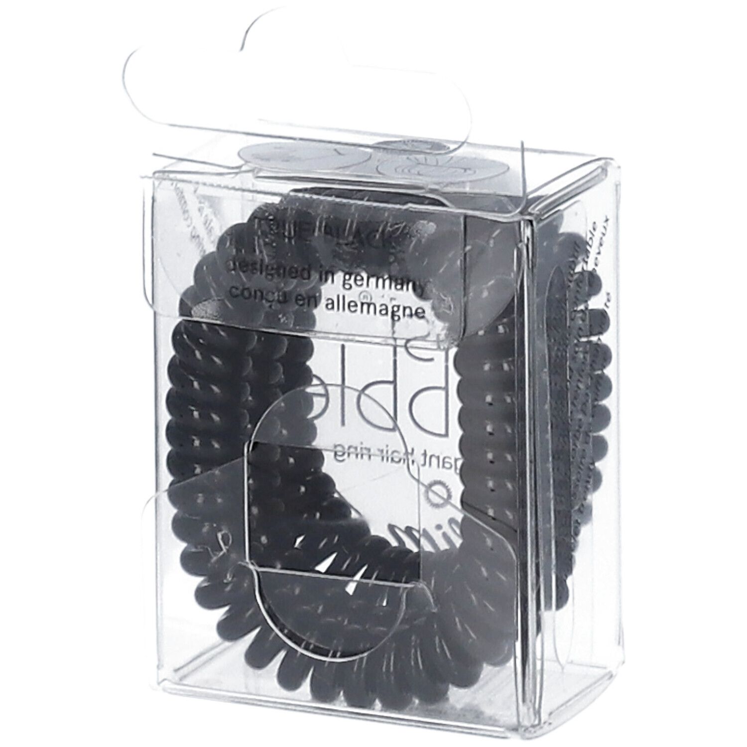 Élastiques à cheveux noirs dans un emballage transparent. Inscription : invisibobble, slim.