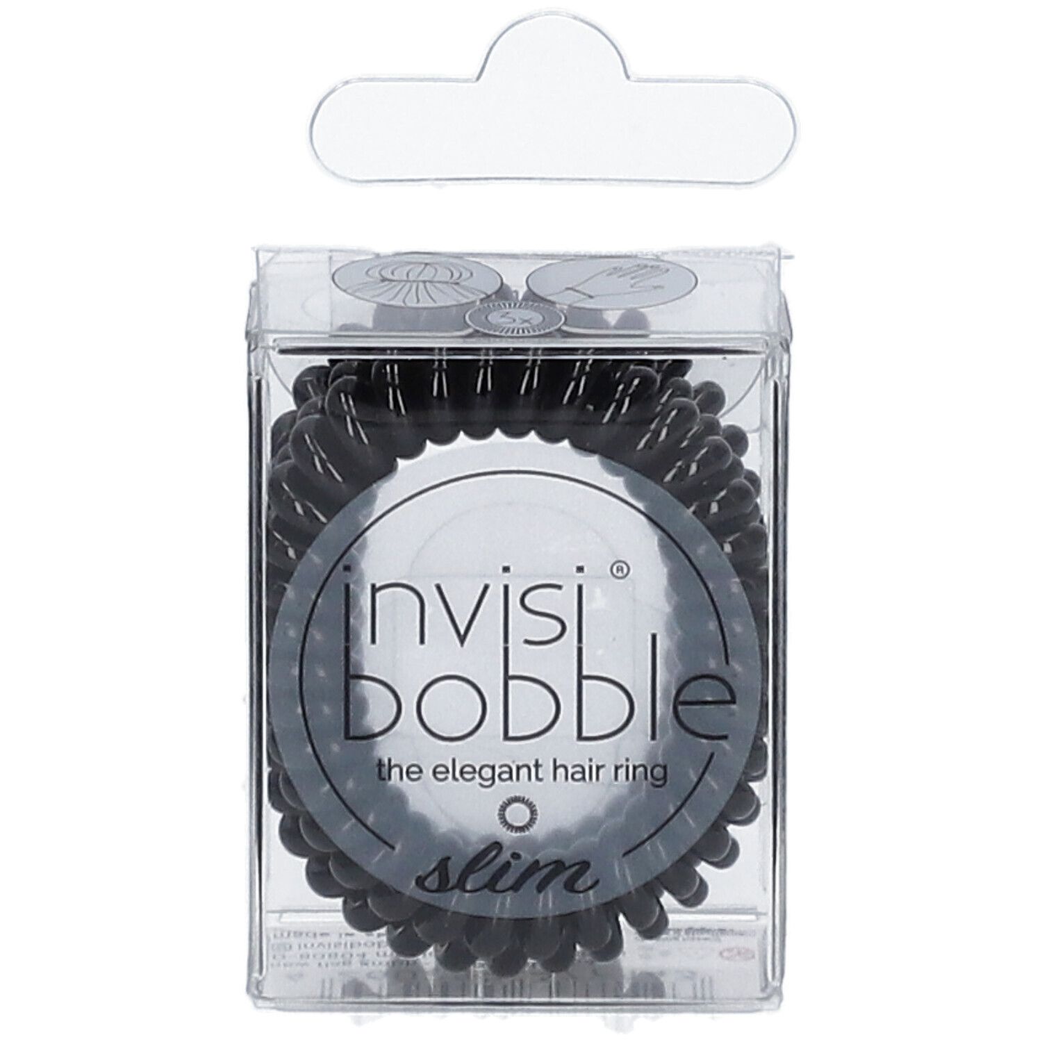 Élastiques à cheveux noirs dans un emballage transparent. Inscription : invisibobble, slim.
