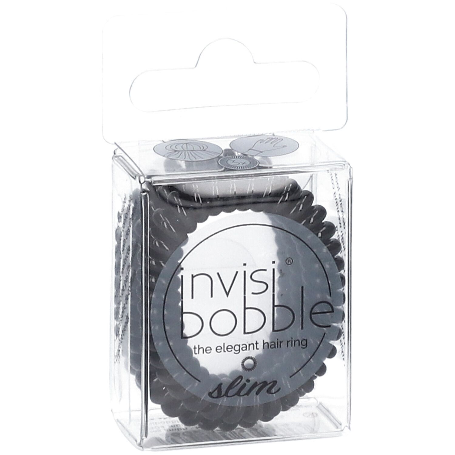 Élastiques à cheveux noirs dans un emballage transparent. Inscription : invisibobble, slim.