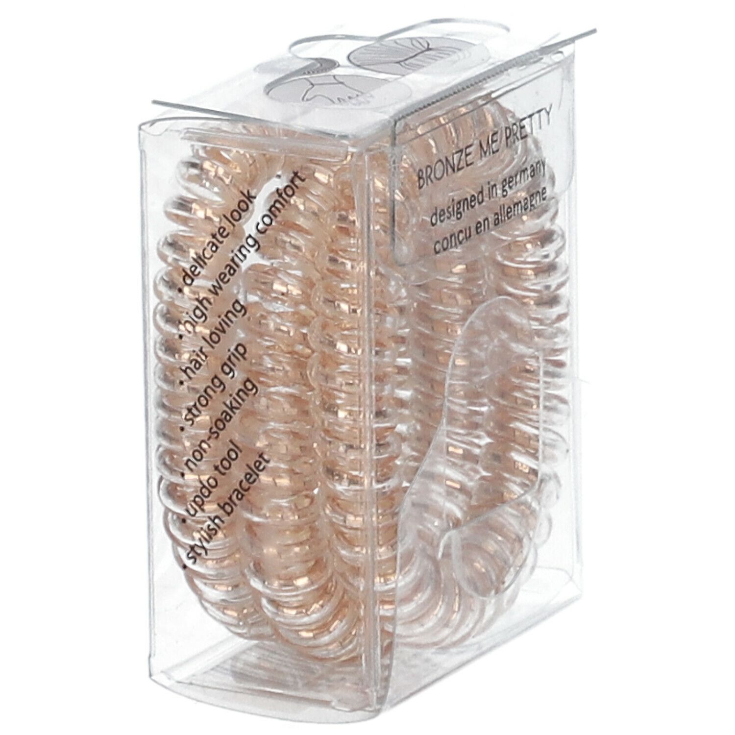 Elastiques à cheveux bronze en spirale dans un emballage transparent. Inscription "BRONZE ME PRETTY" et "designed in germany".