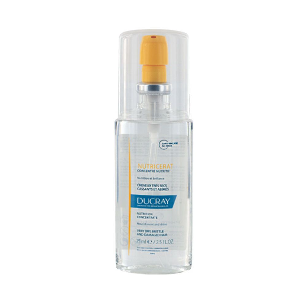 Flacon transparent avec pompe jaune. Inscription : Nutricerat, Ducray. Pour cheveux très secs et abîmés.