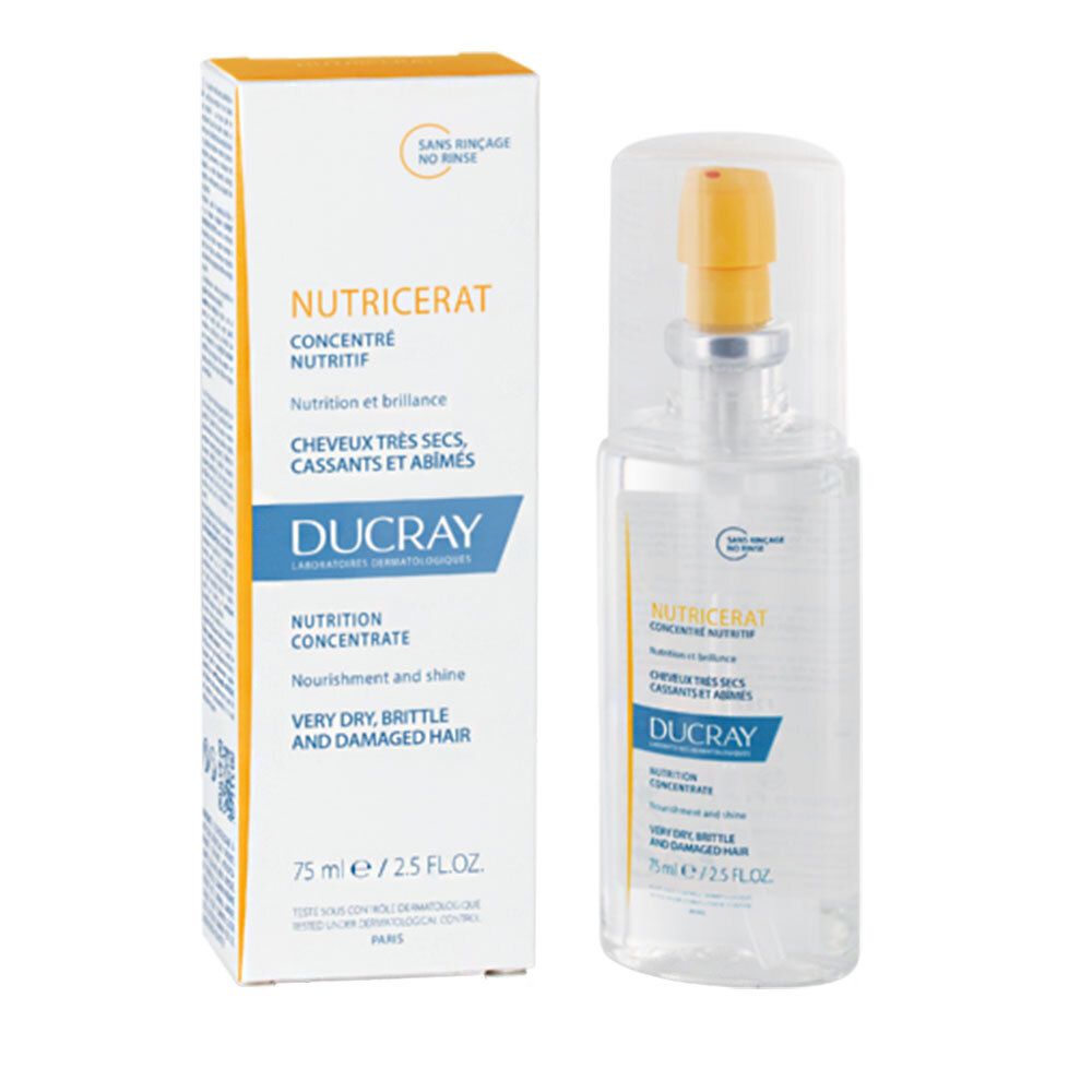 Flacon et emballage. Inscription : Nutricerat, Ducray. Pour cheveux très secs et abîmés. 75 ml.