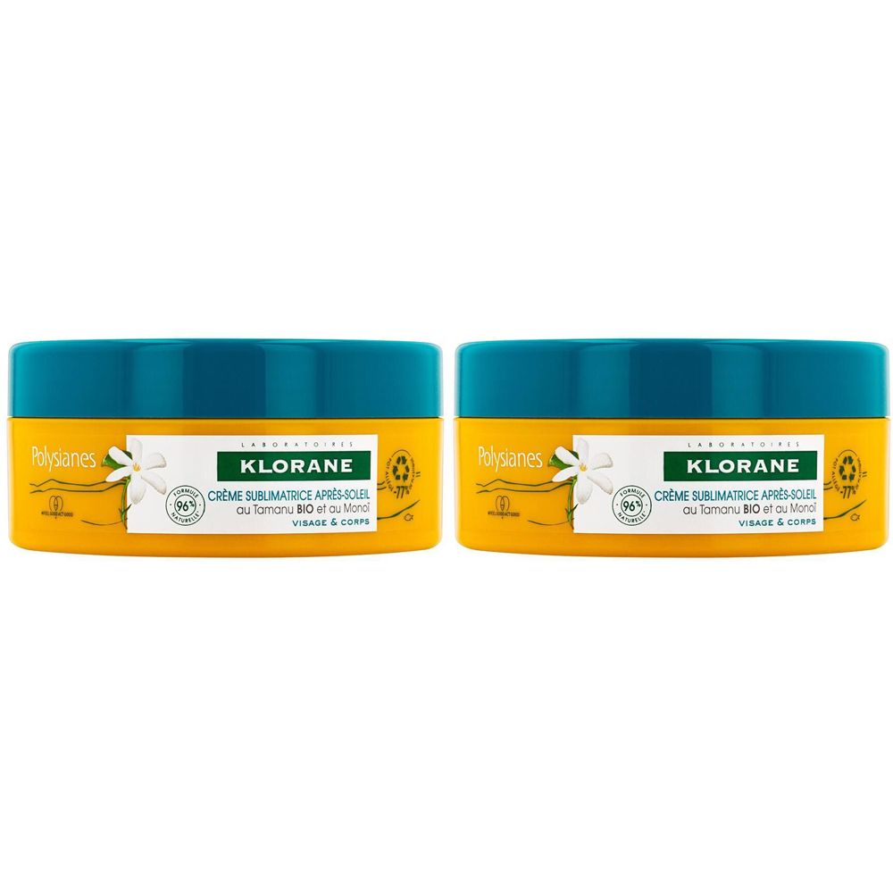 Deux pots jaunes avec couvercle bleu. Inscription: Klorane Crème Après-Soleil. 96% ingrédients naturels.