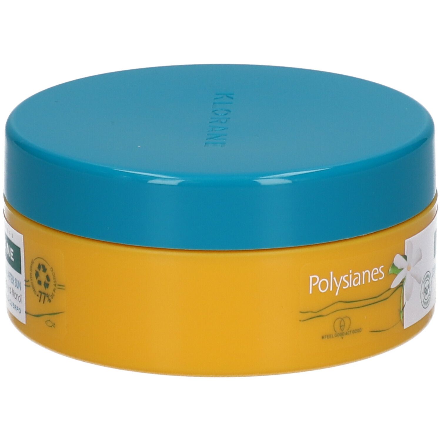Pot jaune avec couvercle bleu. Inscription: Klorane Crème Après-Soleil. 96% ingrédients naturels.