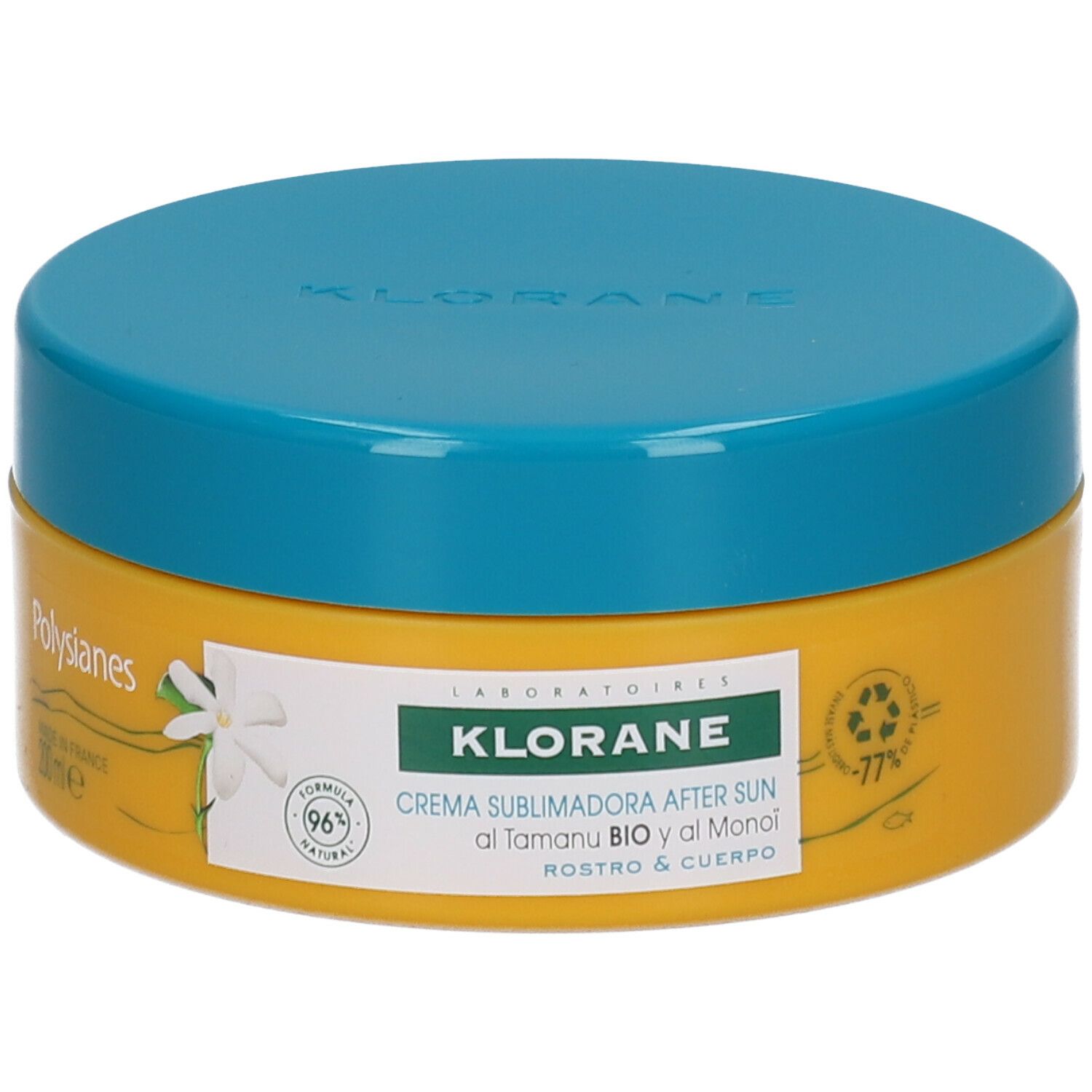 Pot jaune avec couvercle bleu. Inscription: Klorane Crème Après-Soleil. 96% ingrédients naturels.