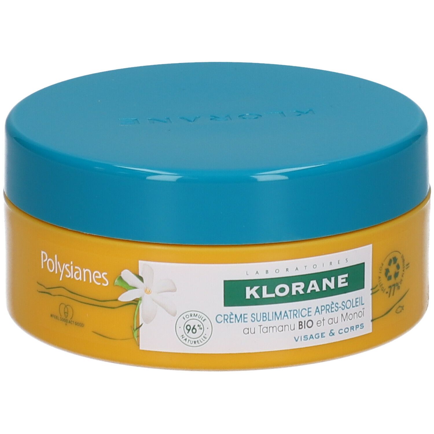Pot jaune avec couvercle bleu. Inscription: Klorane Crème Après-Soleil. 96% ingrédients naturels.