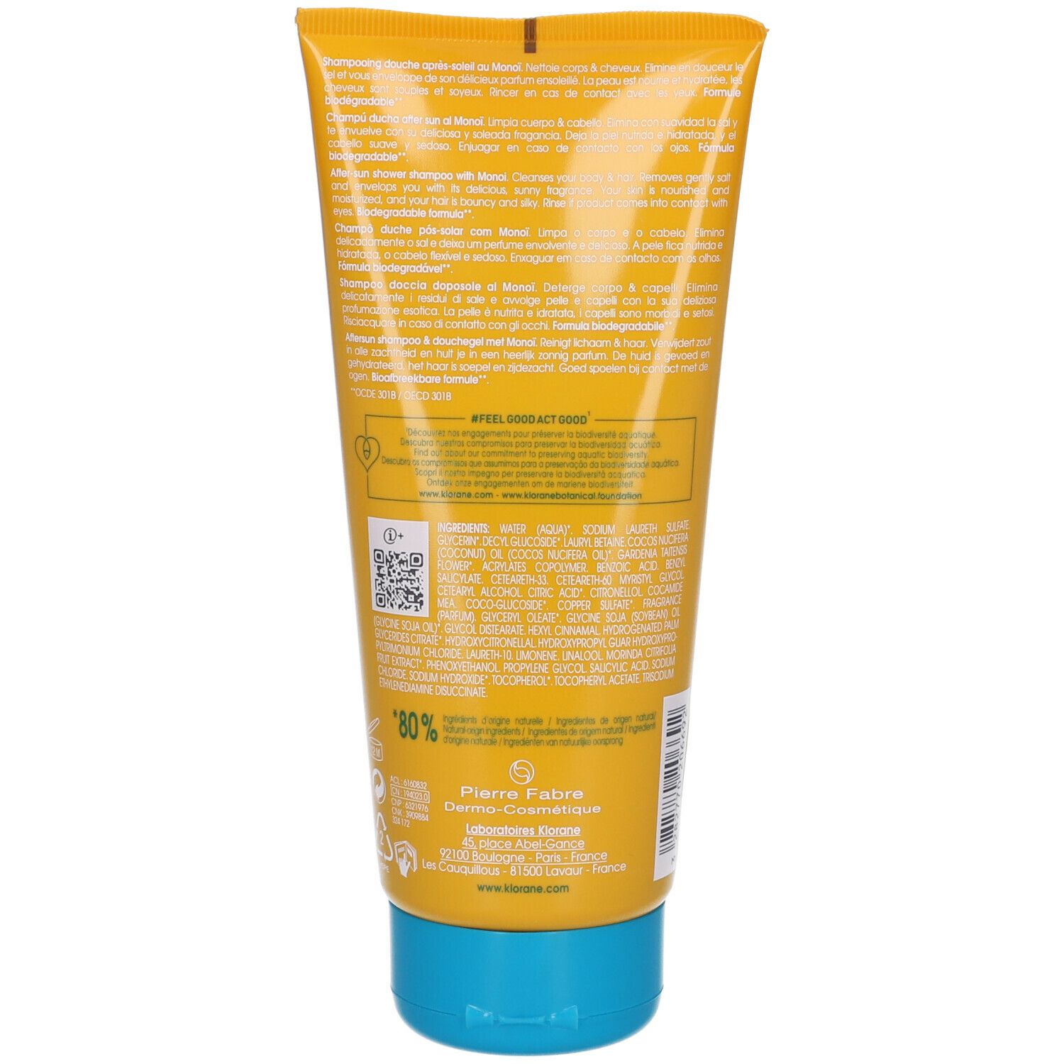 Dos d'un tube jaune avec bouchon bleu. Texte et code QR. Inscription: Klorane, Shampoing douche après-soleil au Monoï.
