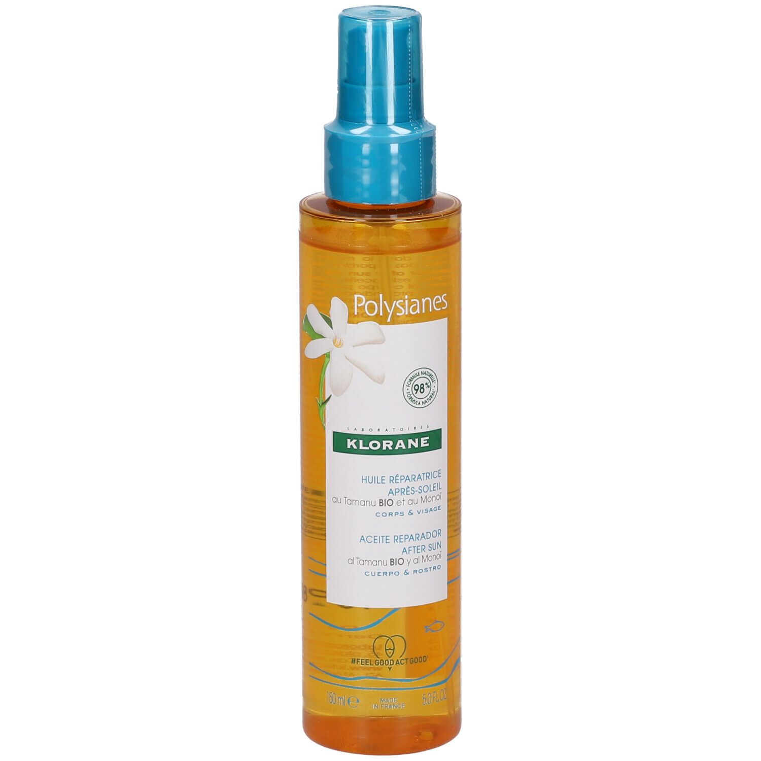 Huile après-soleil Klorane Polysianes. Flacon transparent avec vaporisateur bleu. Étiquette avec logo et nom du produit.