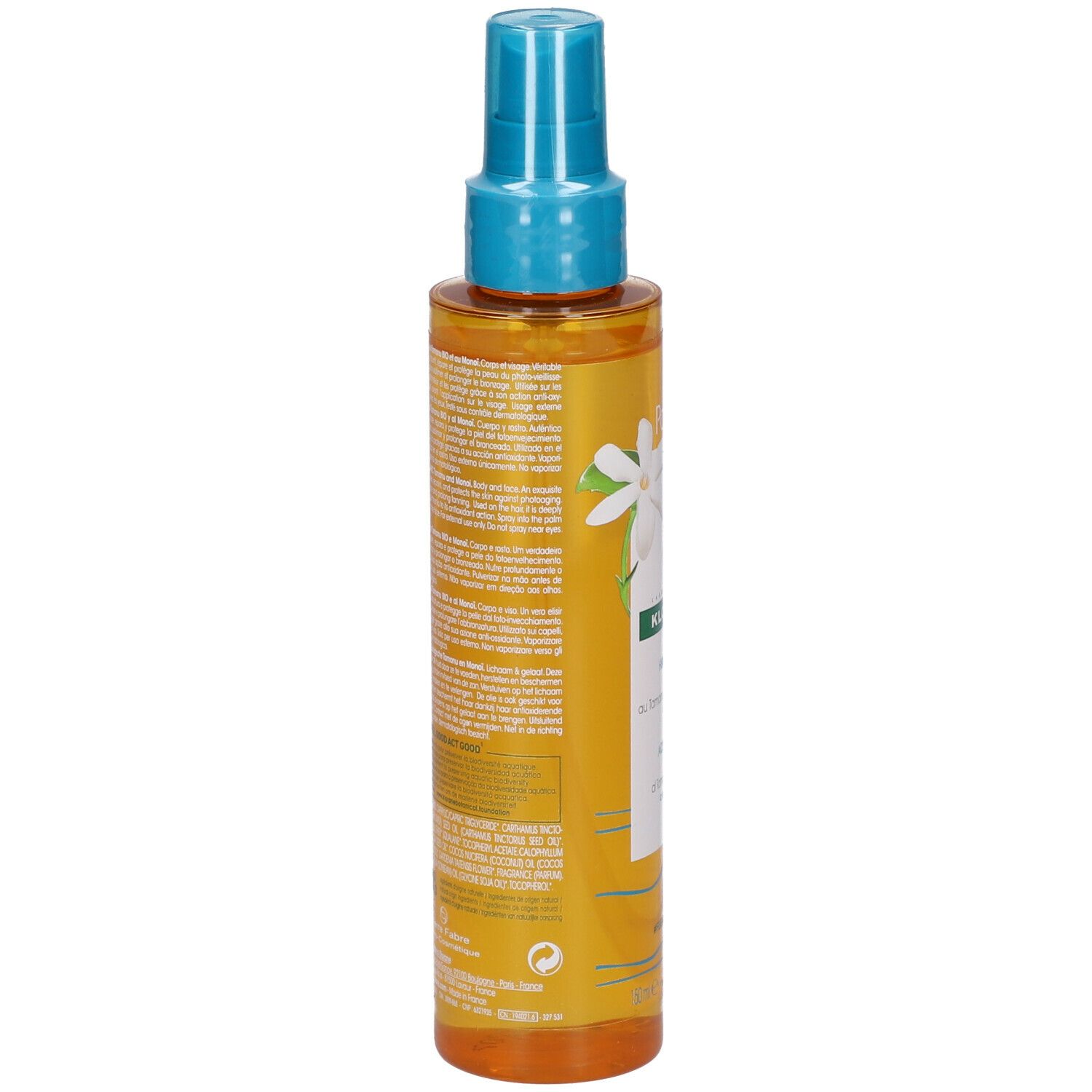 Dos du flacon d'huile après-soleil Klorane Polysianes. Liquide jaune visible. Informations textuelles sur l'étiquette. Vaporisateur bleu.