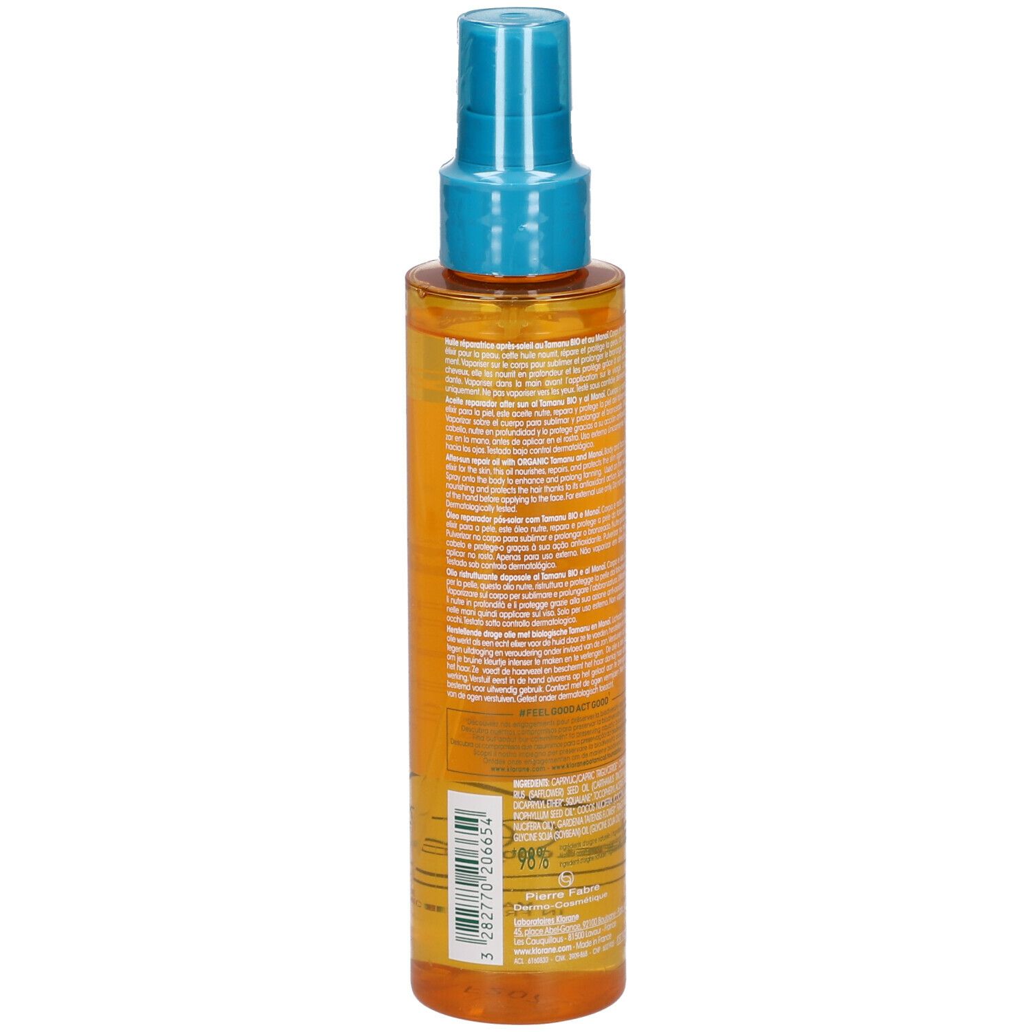Dos du flacon d'huile après-soleil Klorane Polysianes. Liquide jaune visible. Informations textuelles sur l'étiquette. Vaporisateur bleu.