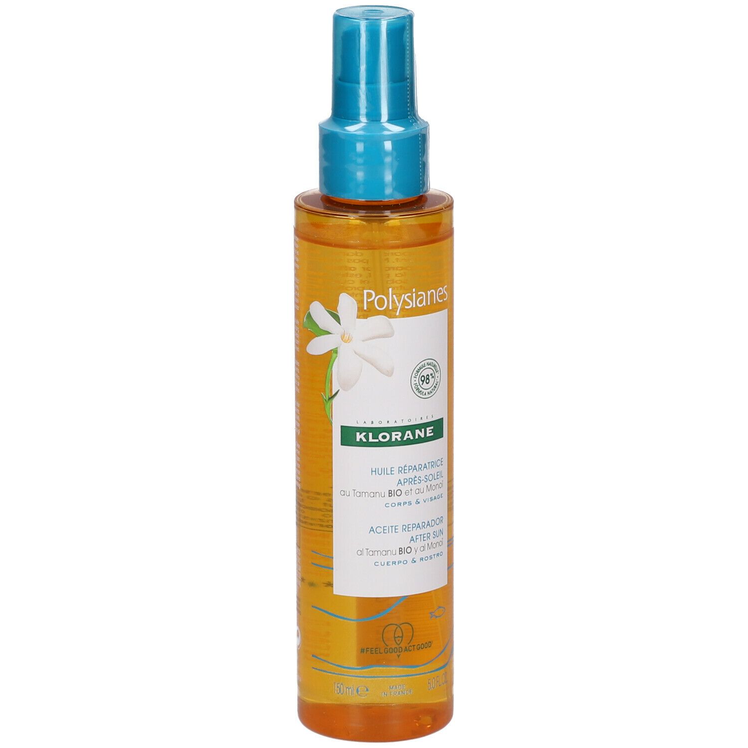 Huile après-soleil Klorane Polysianes. Flacon transparent avec vaporisateur bleu. Étiquette avec logo et nom du produit.