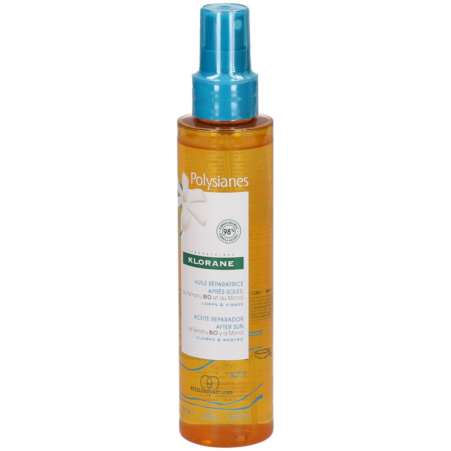 Huile après-soleil Klorane Polysianes. Flacon transparent avec vaporisateur bleu. Étiquette avec logo et nom du produit.
