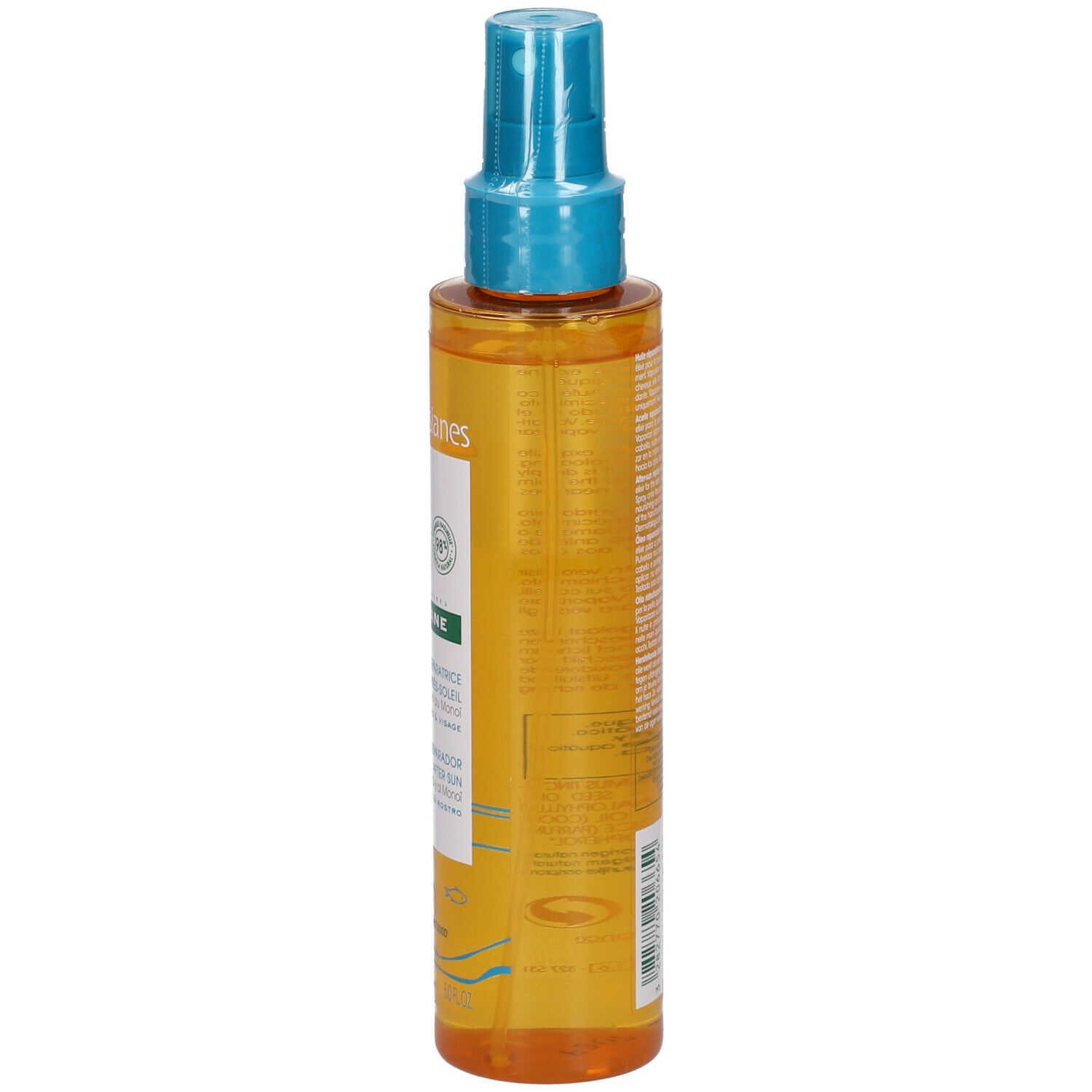 Dos du flacon d'huile après-soleil Klorane Polysianes. Liquide jaune visible. Informations textuelles sur l'étiquette. Vaporisateur bleu.