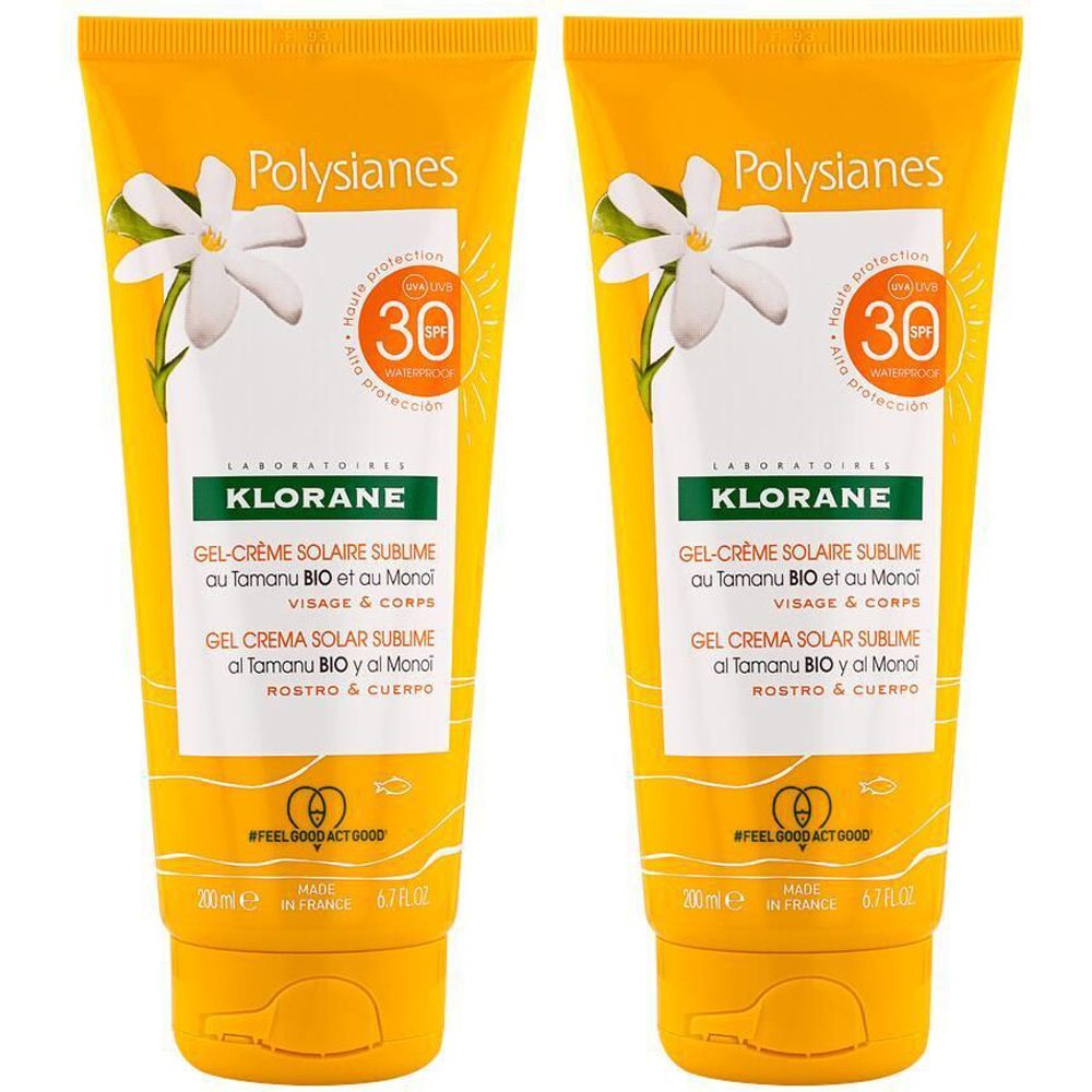 Deux tubes jaunes avec informations produit et SPF30. Logo et motif floral visibles.