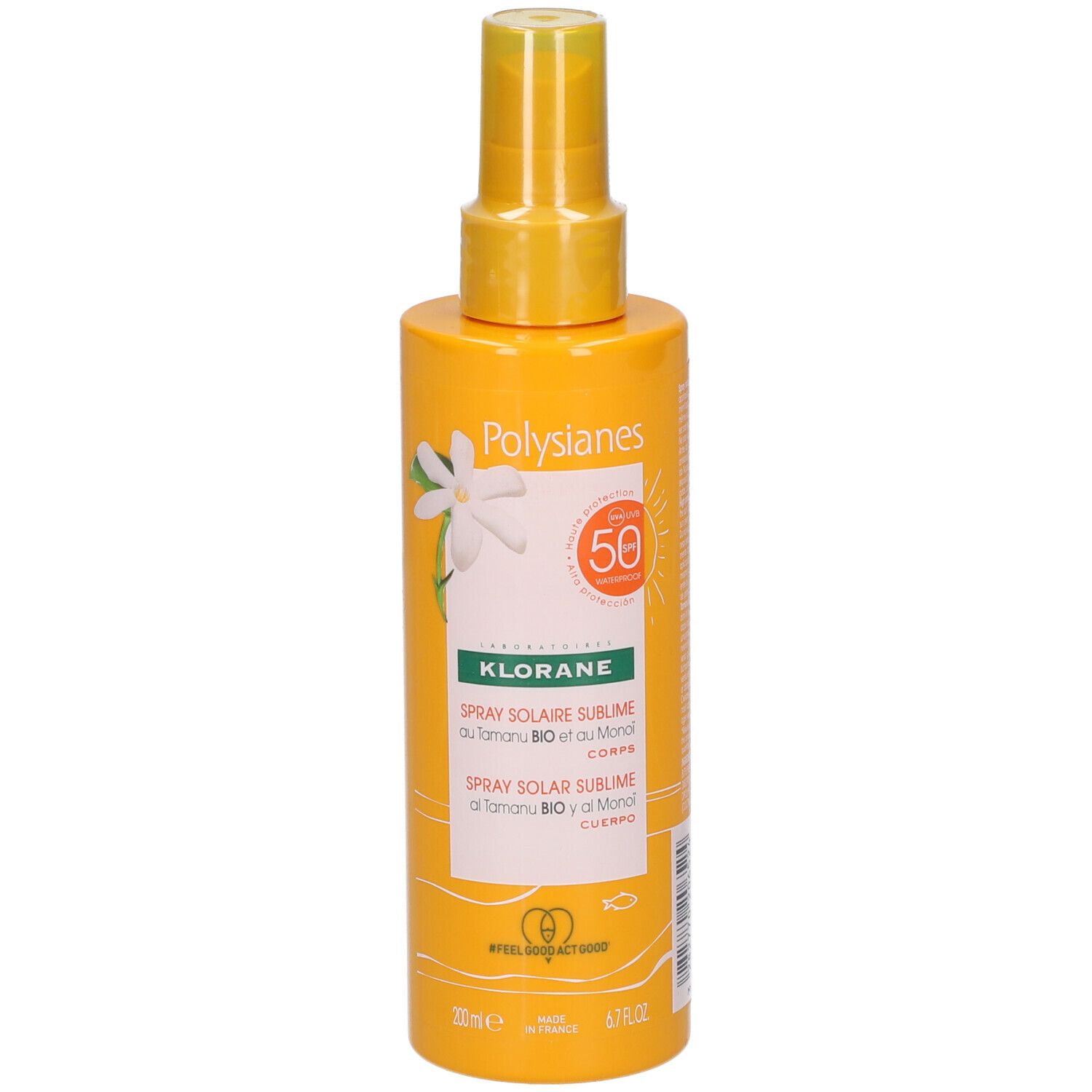 Flacon spray jaune avec protection solaire. Inscription: SPF 50, Spray Solaire Sublime. Au Monoï et Tamanu.