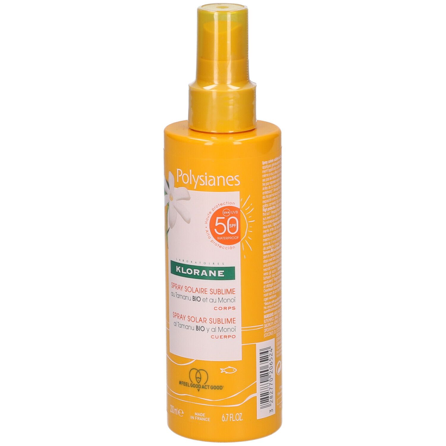 Flacon spray jaune avec protection solaire. Inscription: SPF 50, Spray Solaire Sublime. Au Monoï et Tamanu.