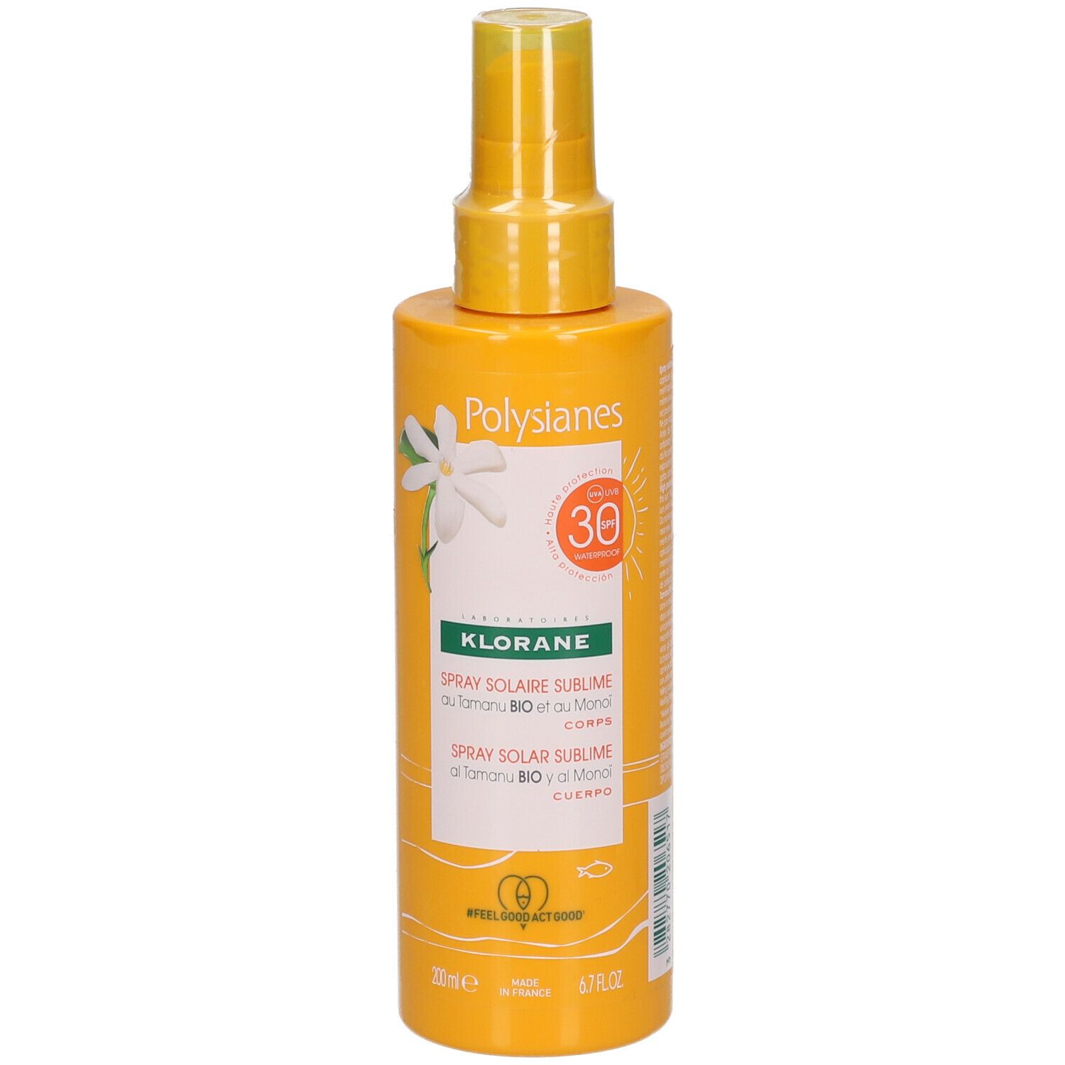 Flacon spray jaune avec texte. SPF 30. Spray Solaire Sublime. Avec Monoï et Tamanu Bio. Pour le corps.