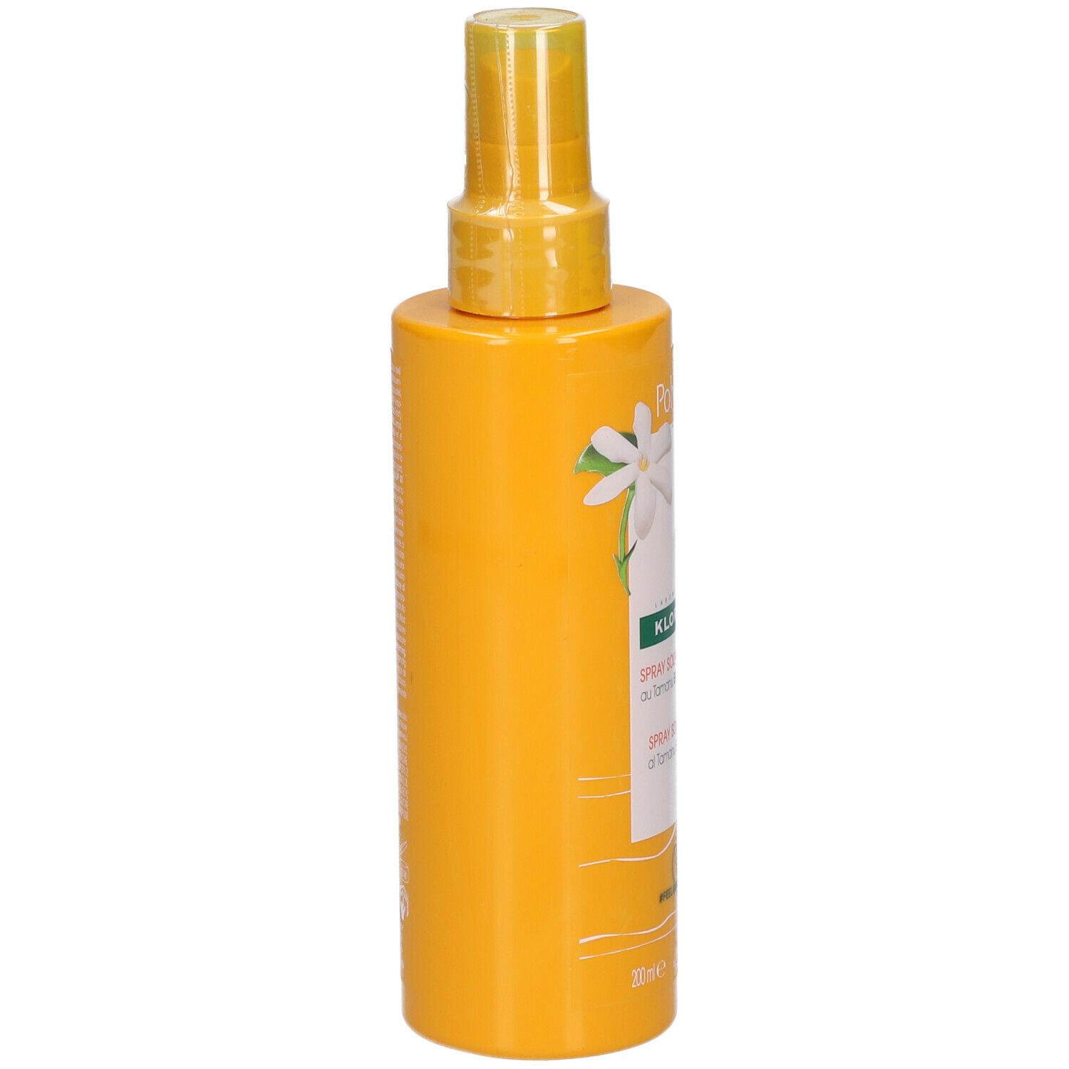 Dos d'un flacon spray jaune. Texte en plusieurs langues. Contient des informations sur le produit.