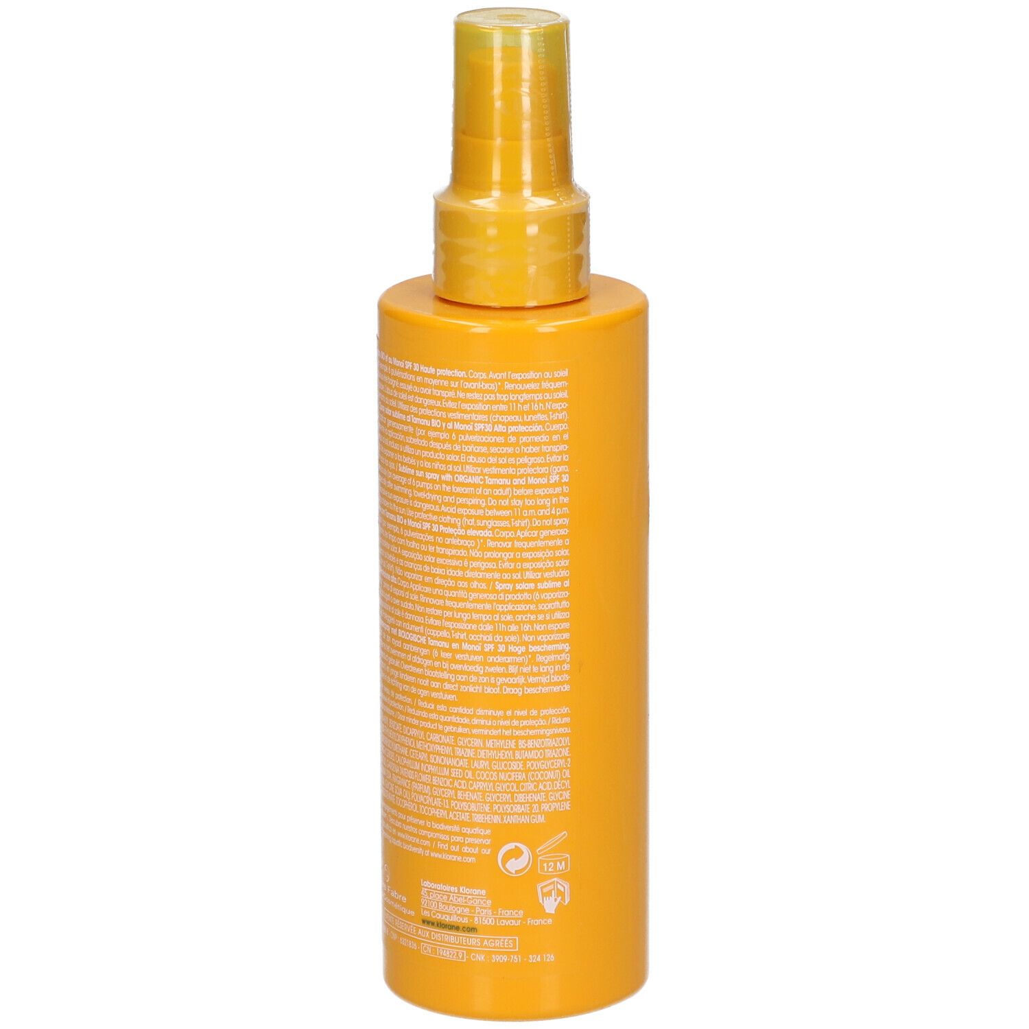 Dos d'un flacon spray jaune. Texte en plusieurs langues. Contient des informations sur le produit.