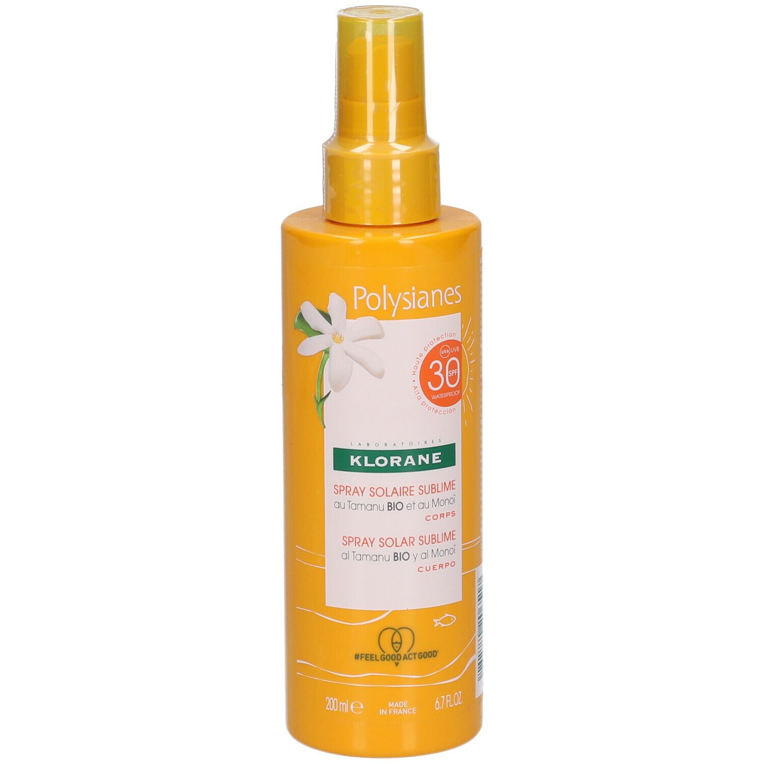 Flacon spray jaune avec texte. SPF 30. Spray Solaire Sublime. Avec Monoï et Tamanu Bio. Pour le corps.