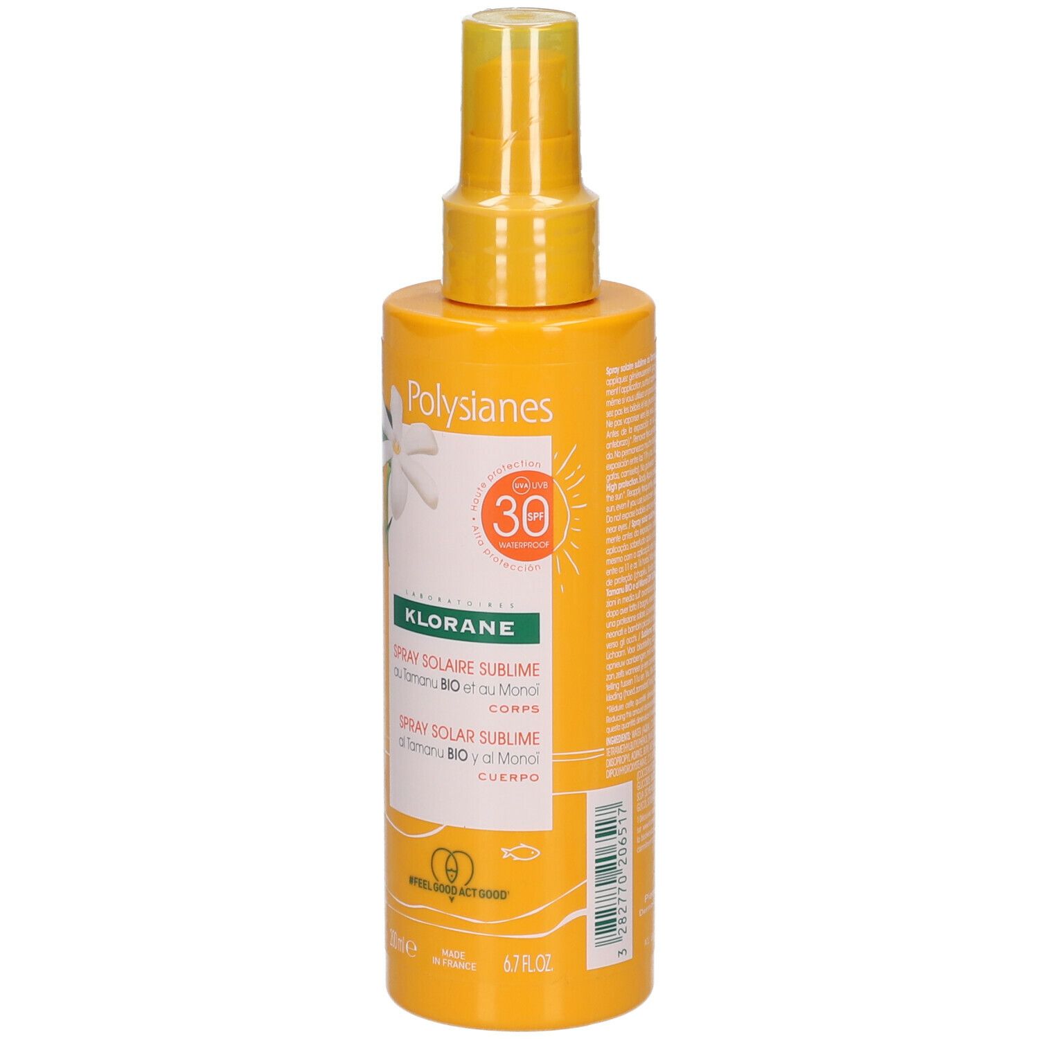 Flacon spray jaune avec texte. SPF 30. Spray Solaire Sublime. Avec Monoï et Tamanu Bio. Pour le corps.